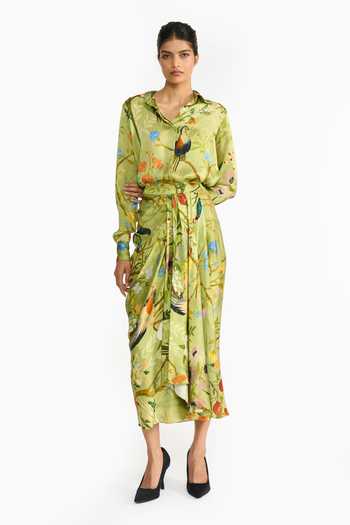 Gauri & Nainika Chinoiserie Print Shirt & Draped Skirt Set 