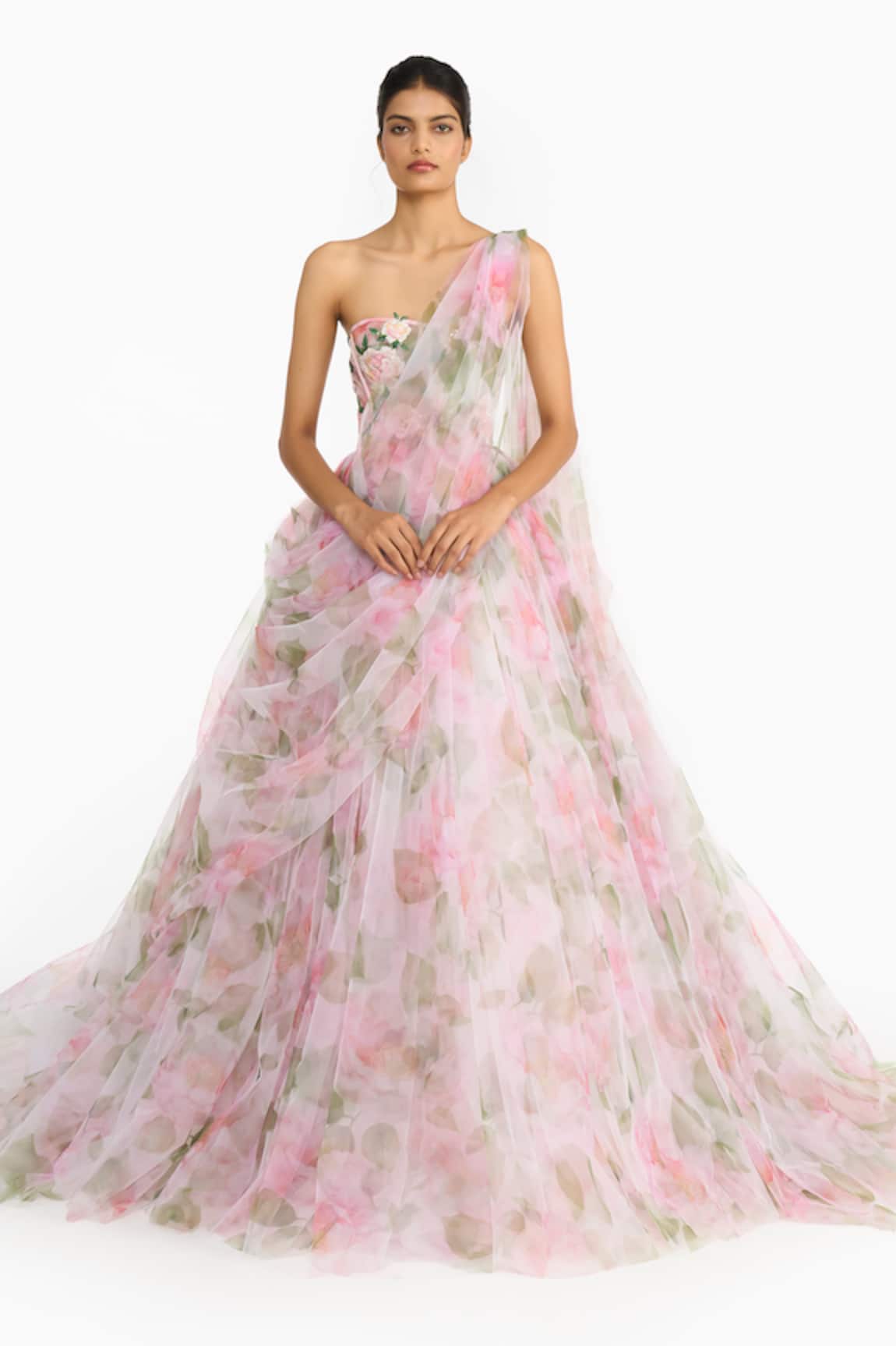 Gauri & Nainika Indian Rose Embroidered Draped Saree Gown 