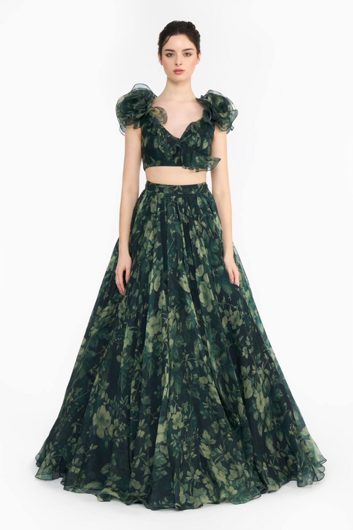 Gauri & Nainika Forest Print Ruffled Blouse & Lehenga Set 