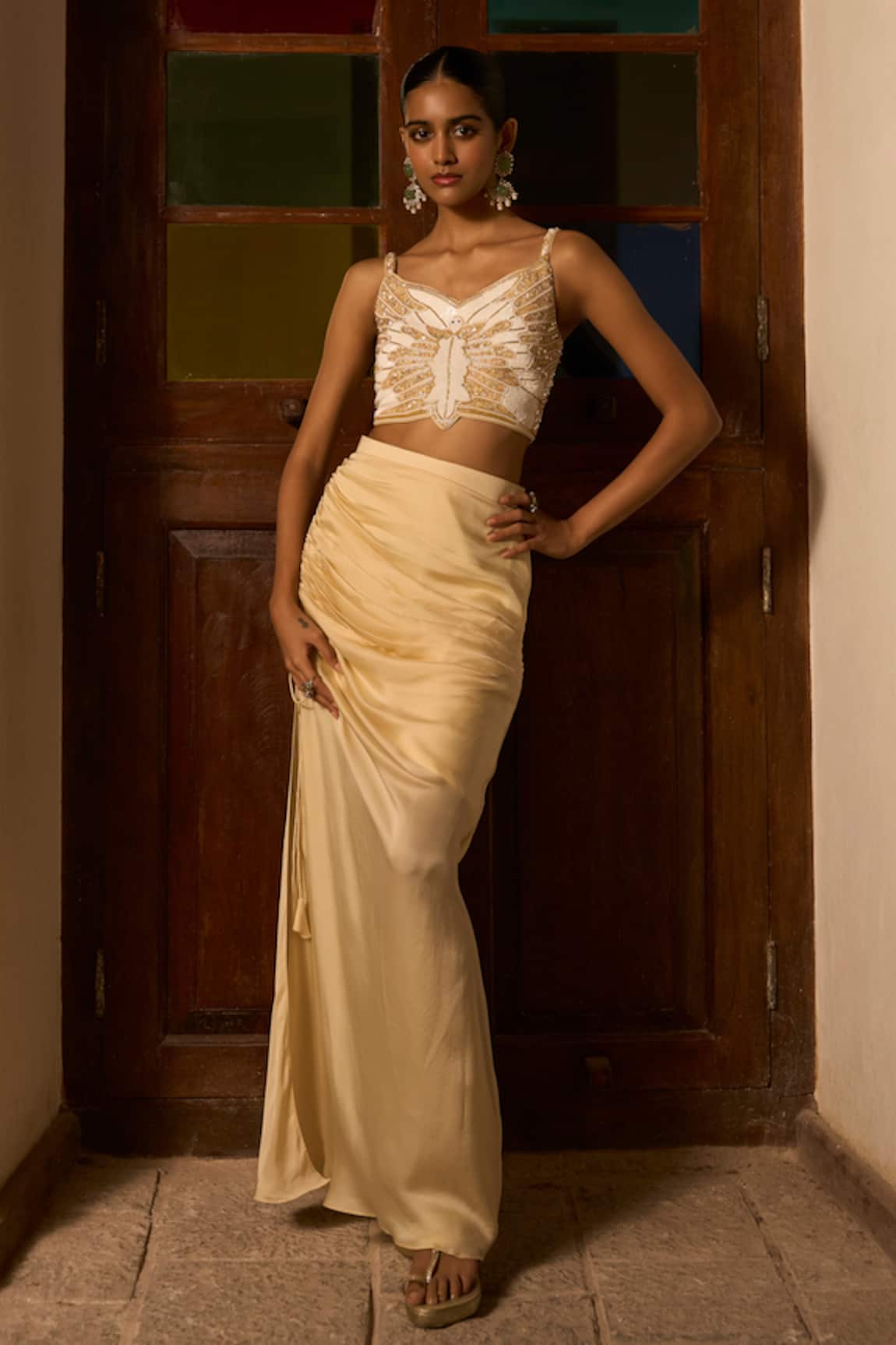 Saangi Butterfly Handwork Blouse With Draped Skirt