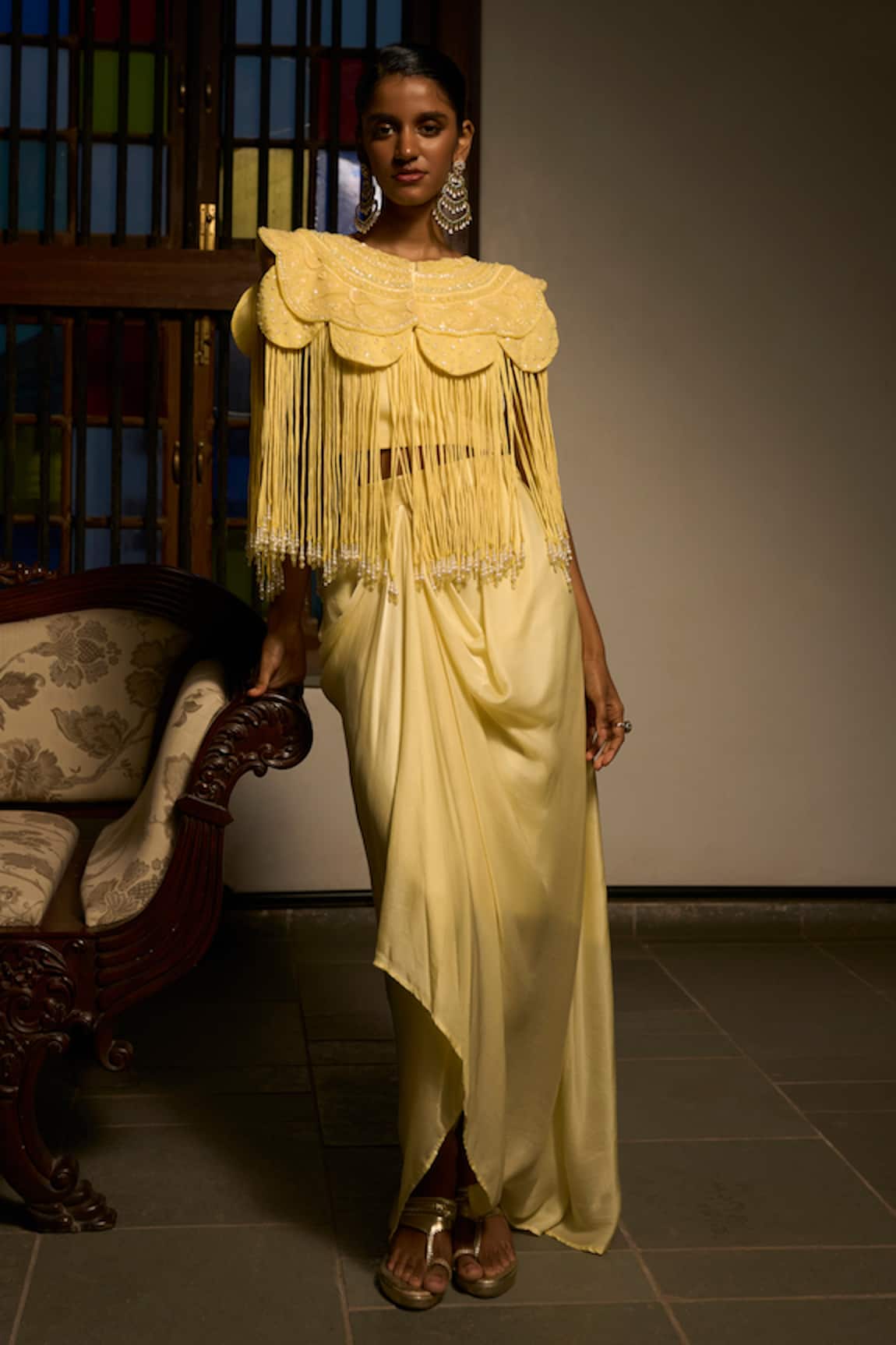 Saangi Lemon Mist Cowl Draped Skirt Cape Co-ord Set