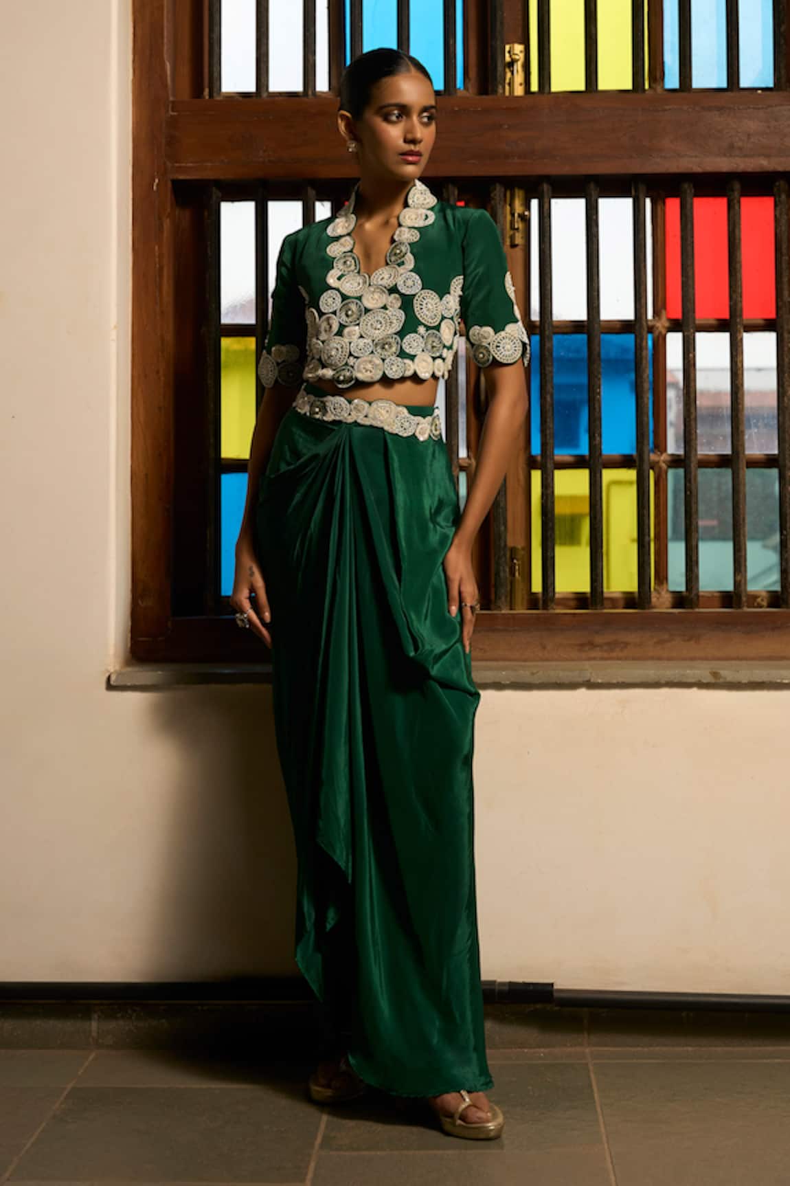 Saangi Green Poise Jacket & Draped Cowl Skirt Set