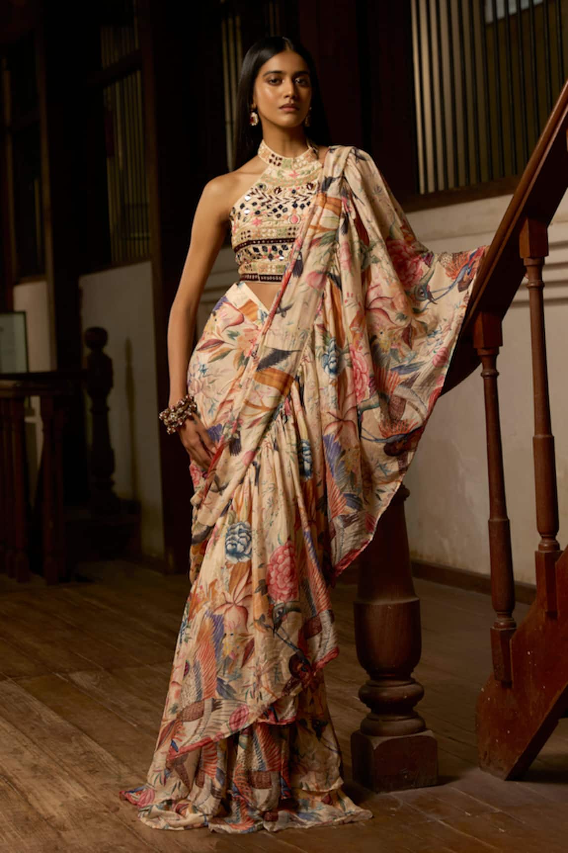 Saangi Dior Wilderness Nature Ruffle Pre-Draped Saree Set