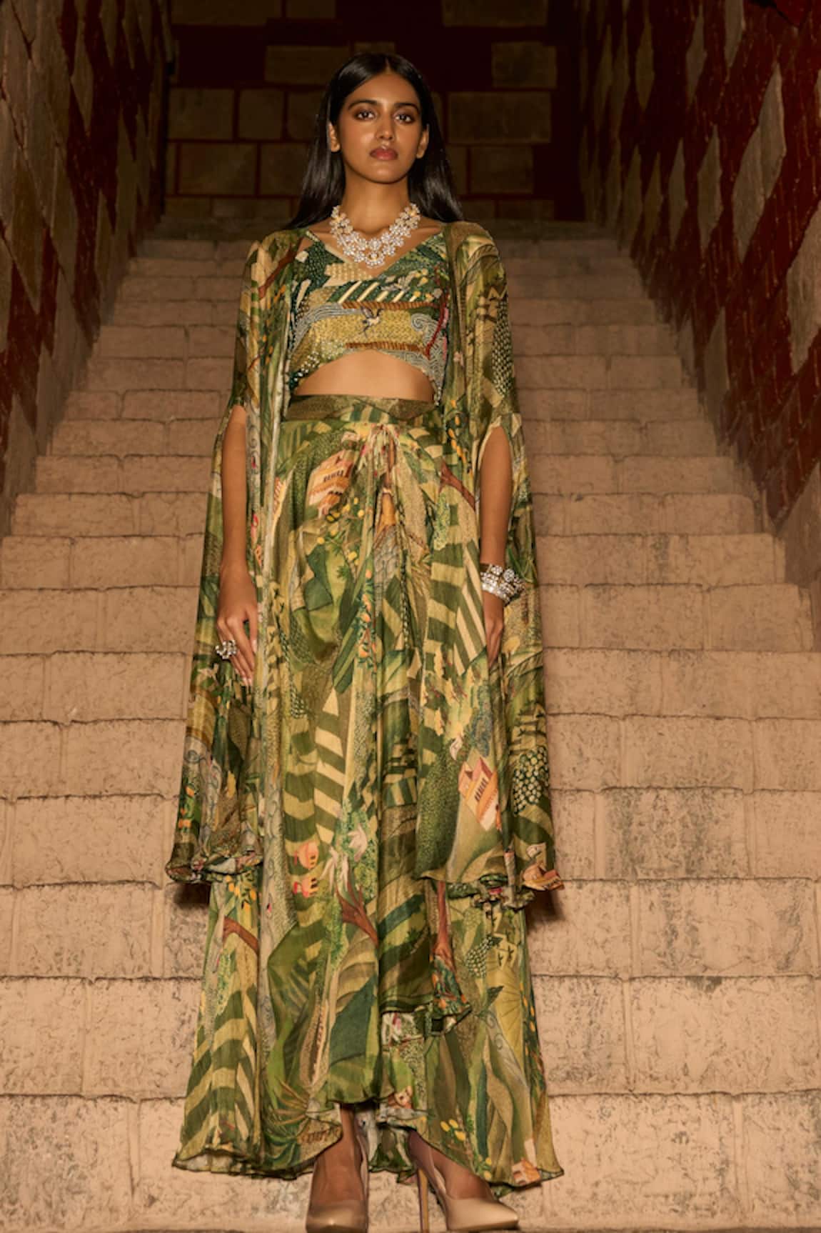 Saangi Enchanted Canopy Jungle Print Cowl Skirt Set