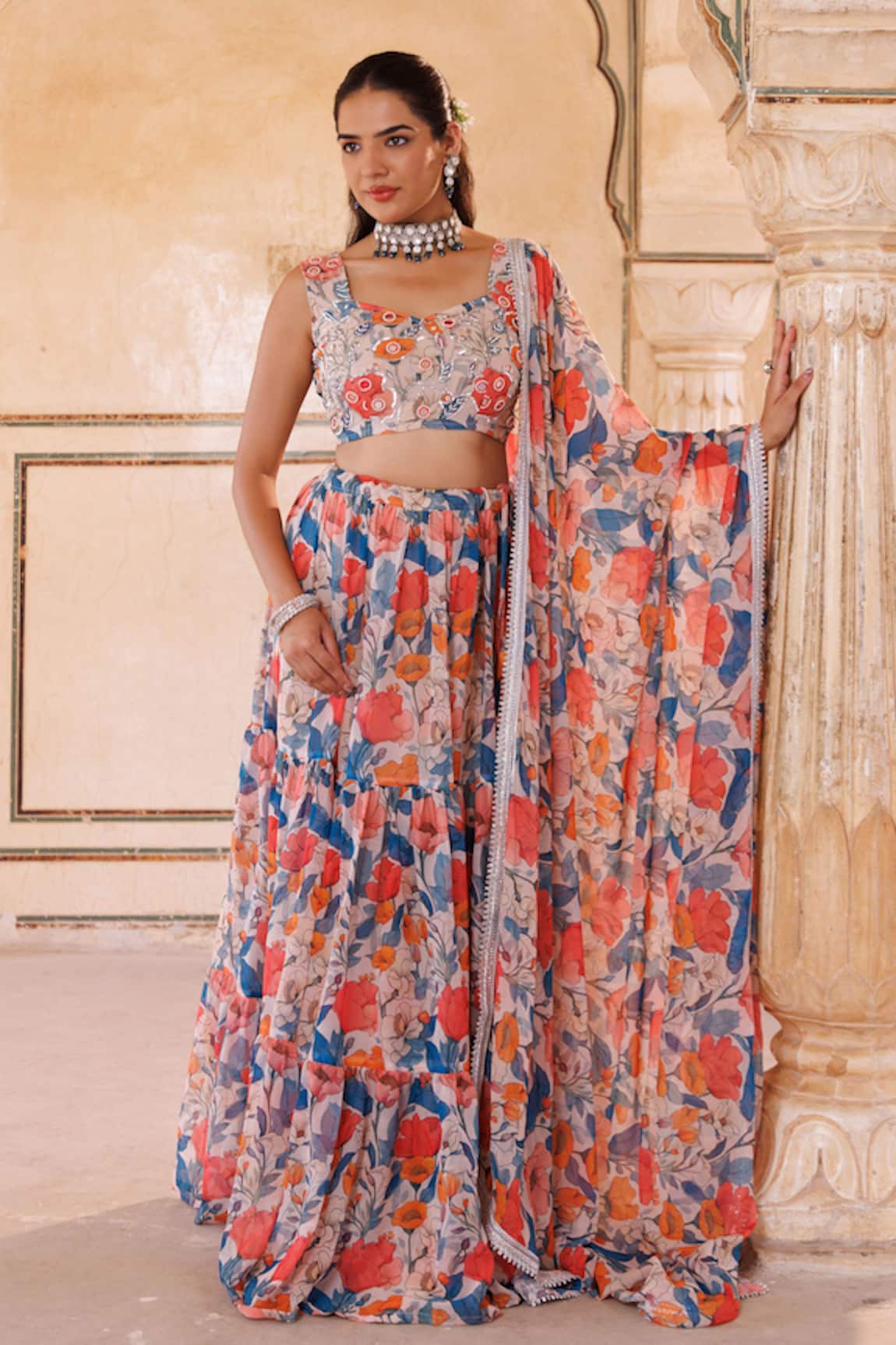 Bannhi By Priyanka Rathore Floral Printed Lehenga Set With Embroidered Blouse