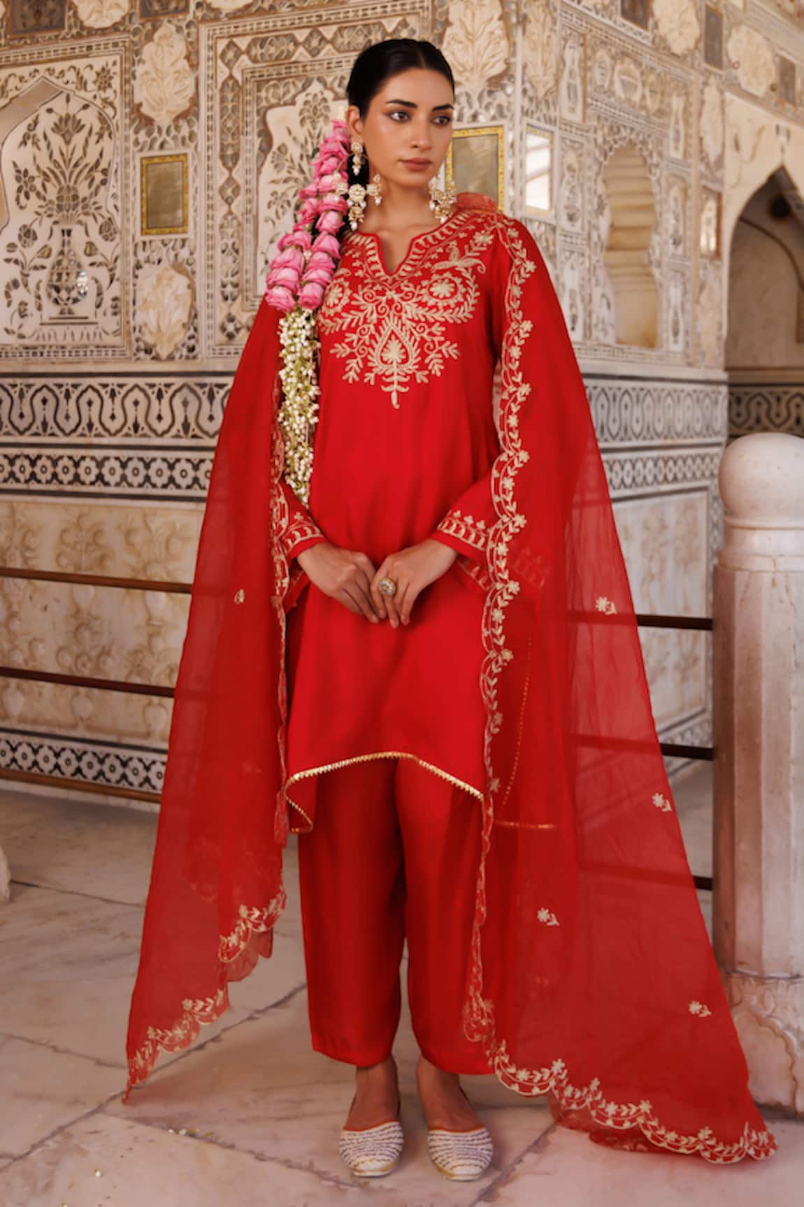 Bannhi By Priyanka Rathore Aari Embroidered Short Kurta With Pant & Dupatta