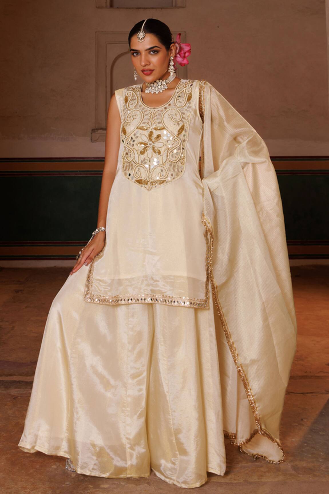 Bannhi By Priyanka Rathore Hand Embroidered Tissue Georgette Kurta Sharara Set