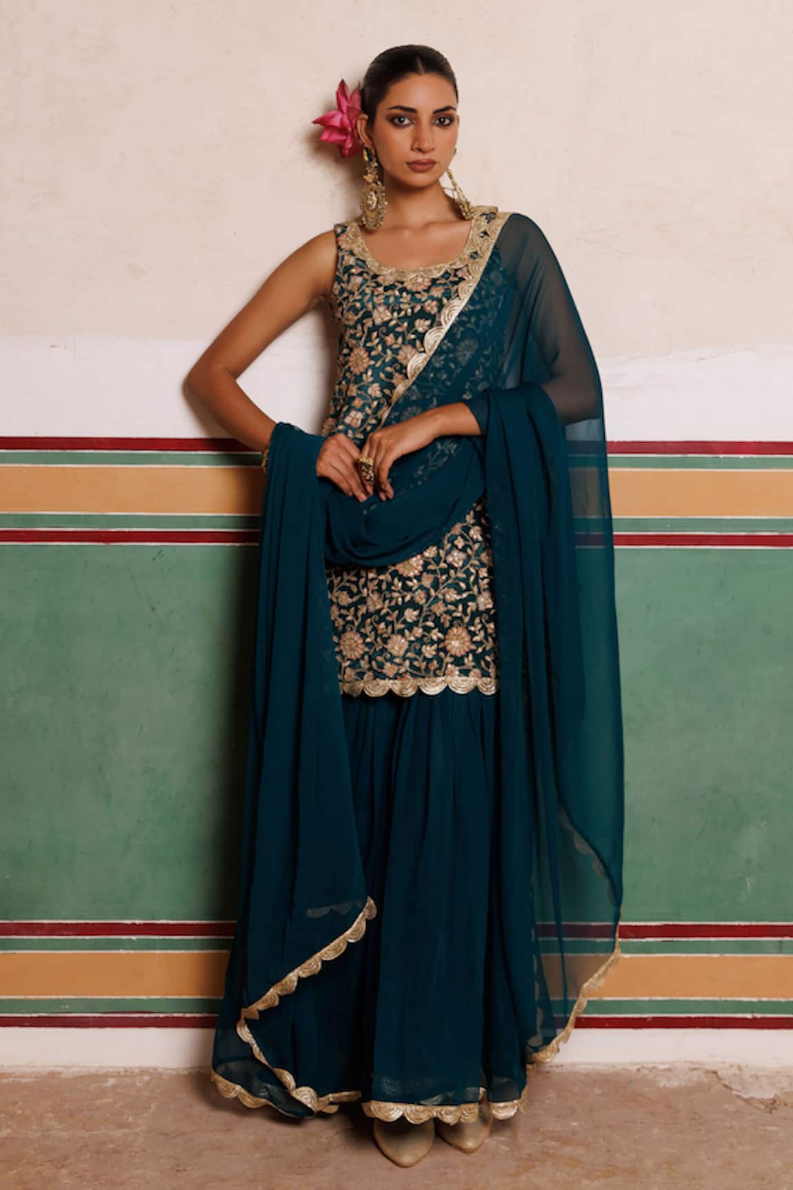 Bannhi By Priyanka Rathore Embroidered Crepe Kurta & Georgette Sharara Set