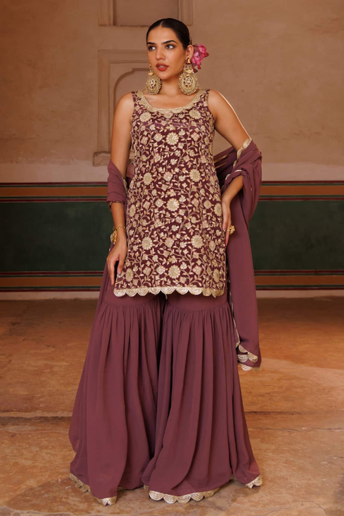 Bannhi By Priyanka Rathore Embroidered Crepe Kurta & Georgette Sharara Set