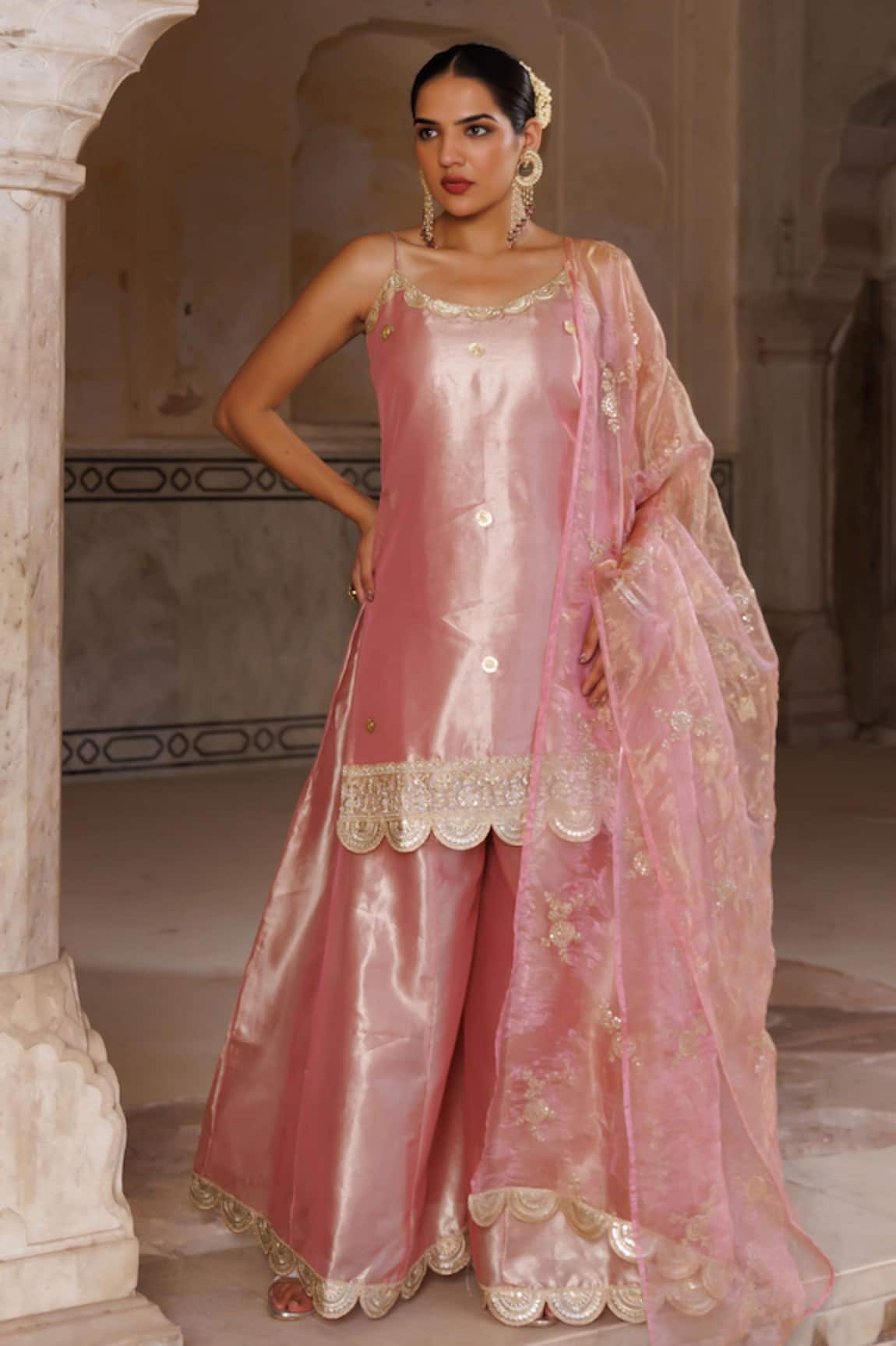 Bannhi By Priyanka Rathore Tissue Embellished Kurta Sharara Set