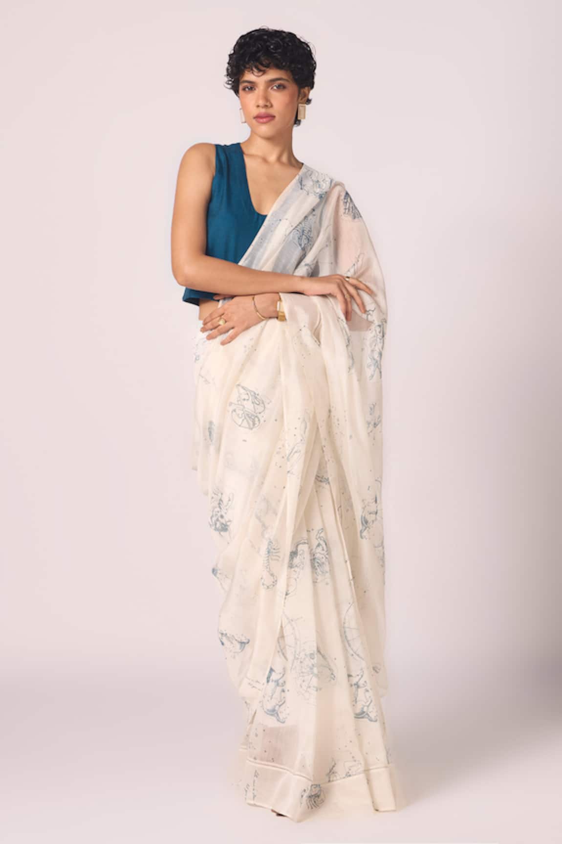 The Summer House Saiph Zodiac Motif Print Handwoven Saree