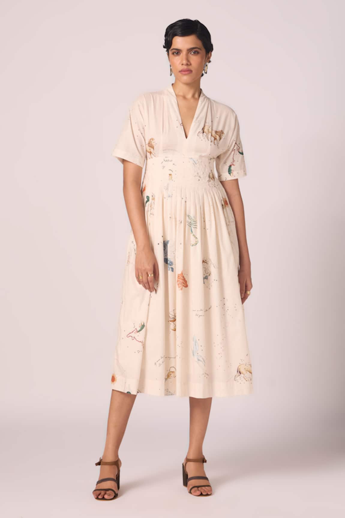 The Summer House Aara Zodiac Print Pleated Midi Dress