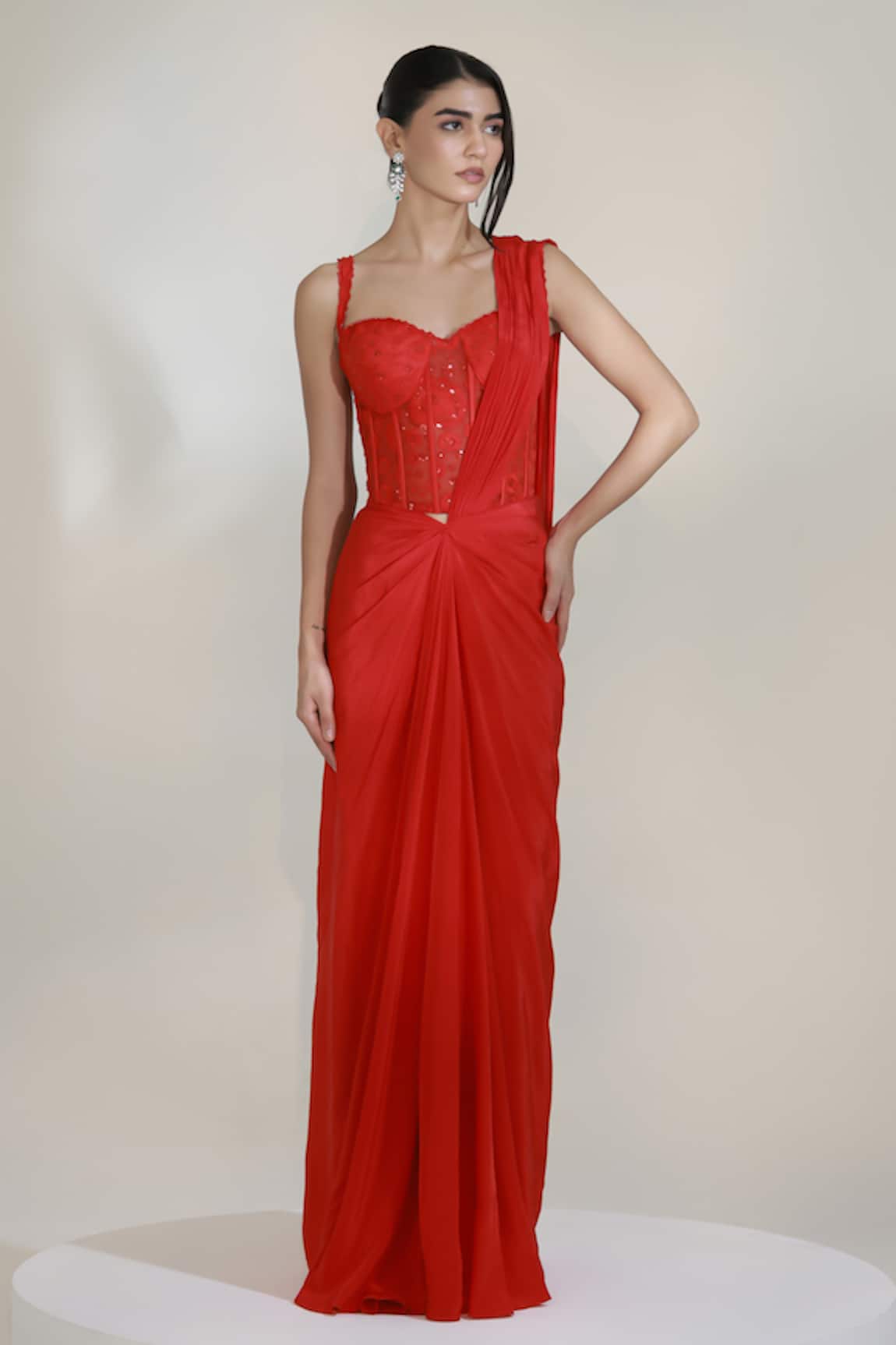 Libas Cafe by Nidhi & Ashish Crimson Pre-Draped Skirt Saree With Embroidered Blouse