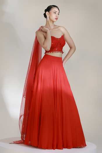 Libas Cafe by Nidhi & Ashish Crimson Embroidered Bustier Lehenga Set 