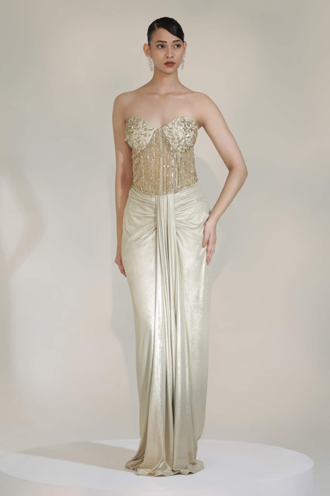 Libas Cafe by Nidhi & Ashish Champagne Embroidered Corset With Dhoti Skirt