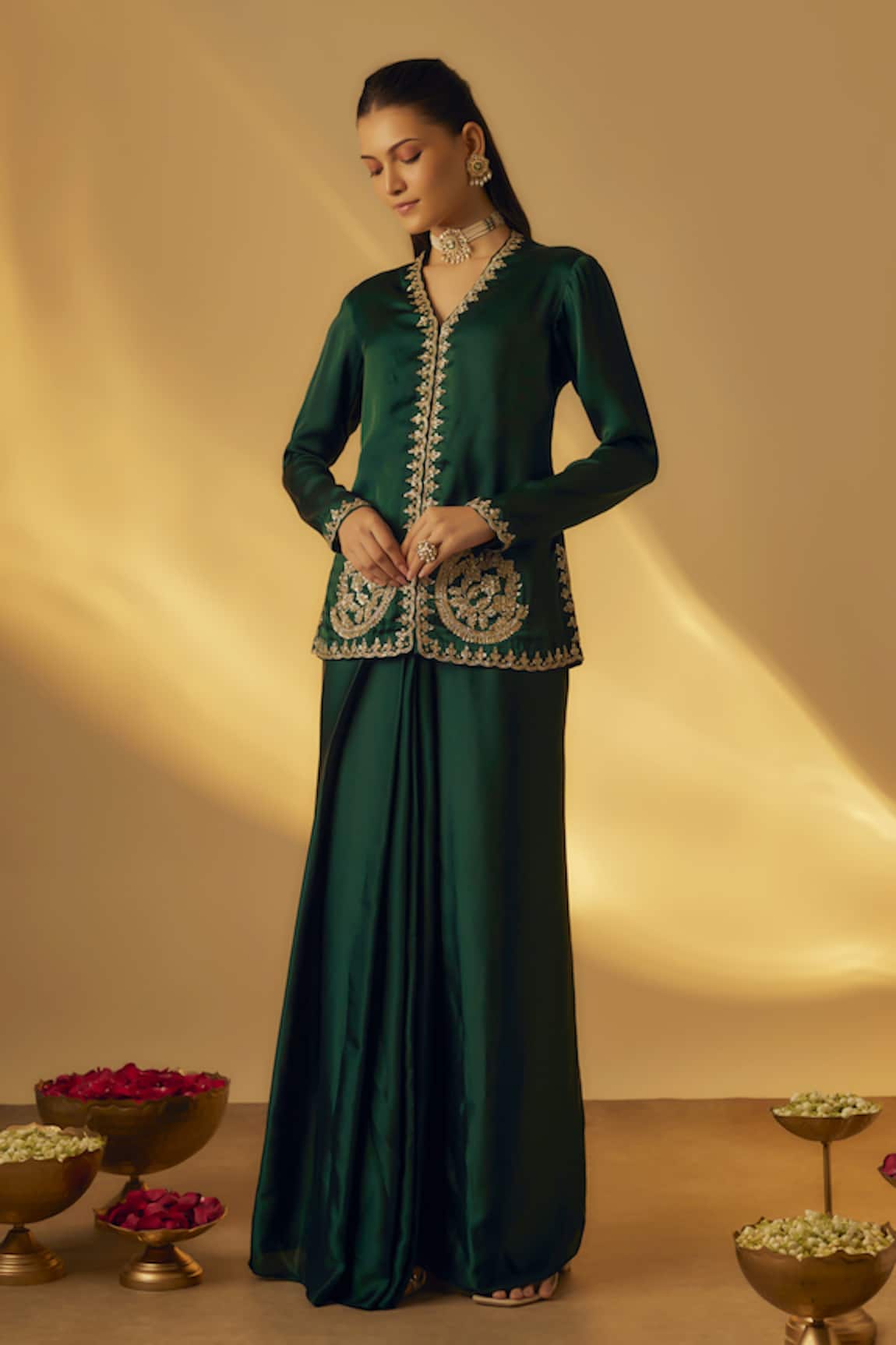 RAYASHA KHAN Satin Jacket with Draped Skirt