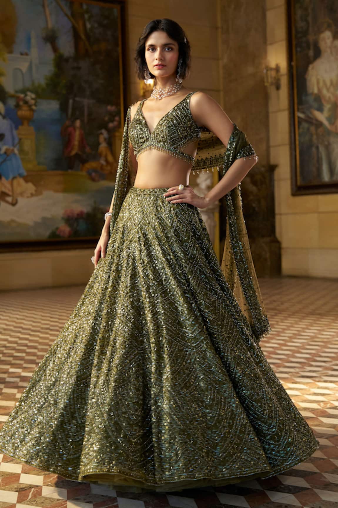 Seema Gujral Moss Sequin Embroidered Lehenga Set 