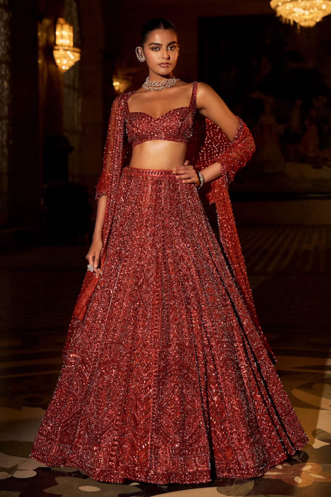 Seema Gujral Brick Crystal Embroidered Lehenga Set 