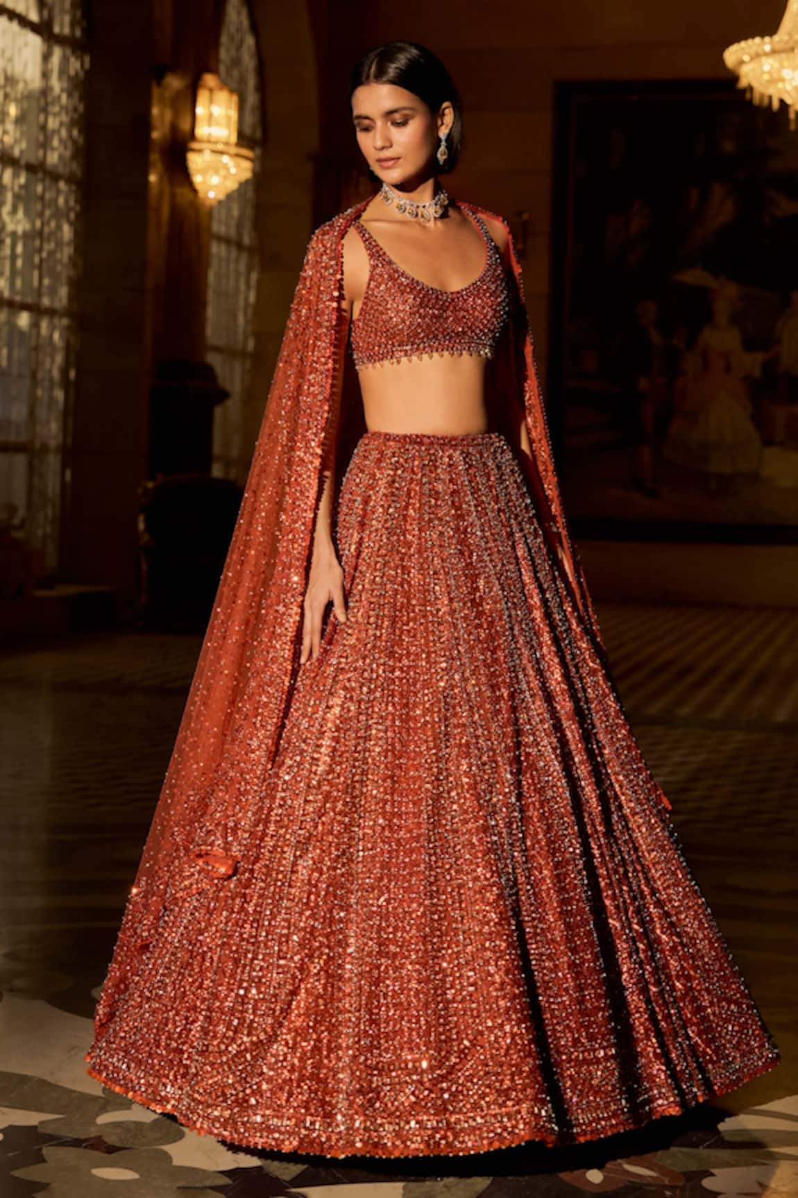 Seema Gujral Copper Crystal Lehenga Set 