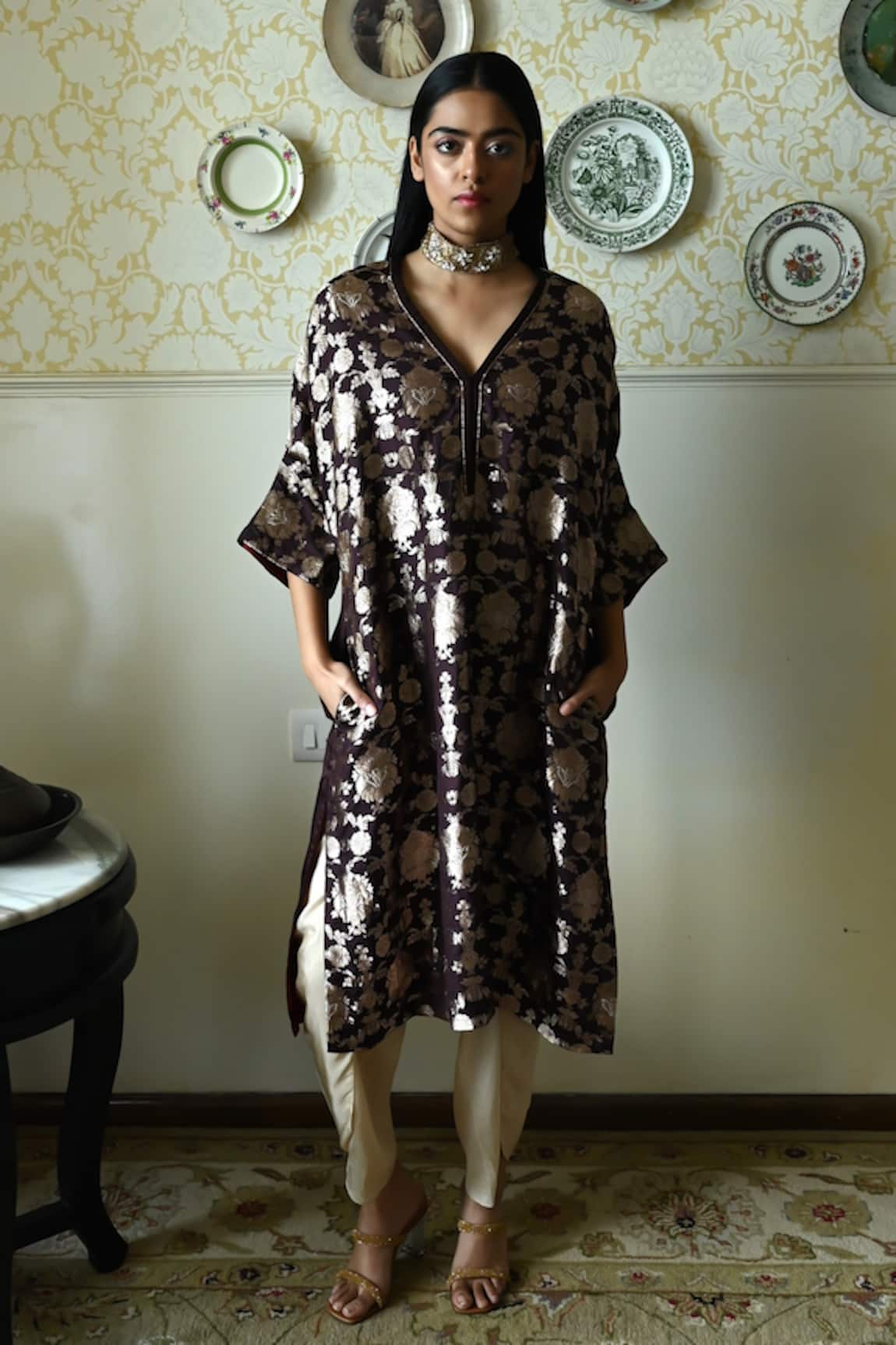 Shorshe Clothing RajBaari Brocade Floral Kaftan & Dhoti Pant Set 