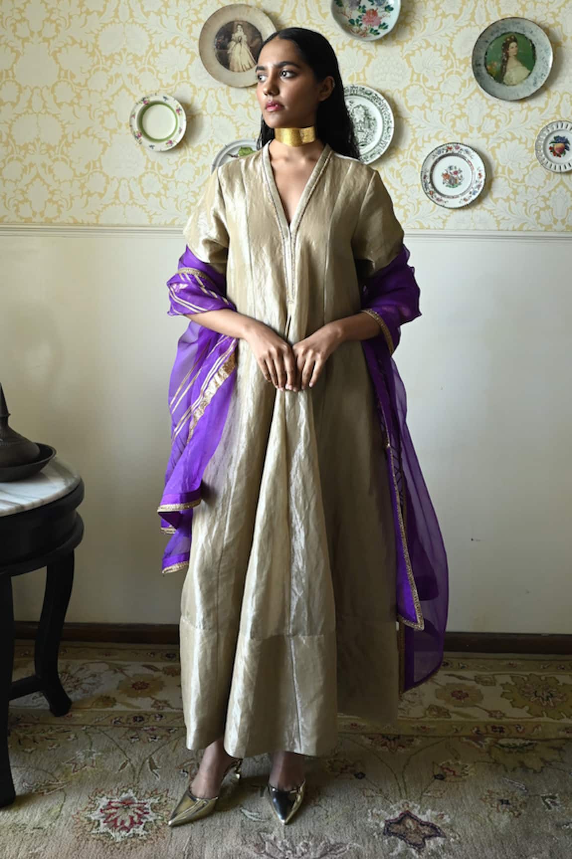 Shorshe Clothing Sashiko Hand Embroidered Tissue Anarkali Kurta 