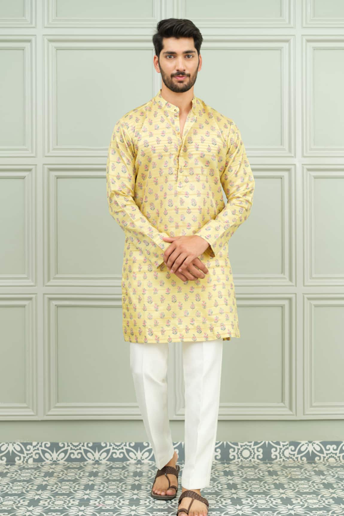 Niloufer By Aasif Ally Yellow Tashan Printed Buti Silk Kurta & Pant Set