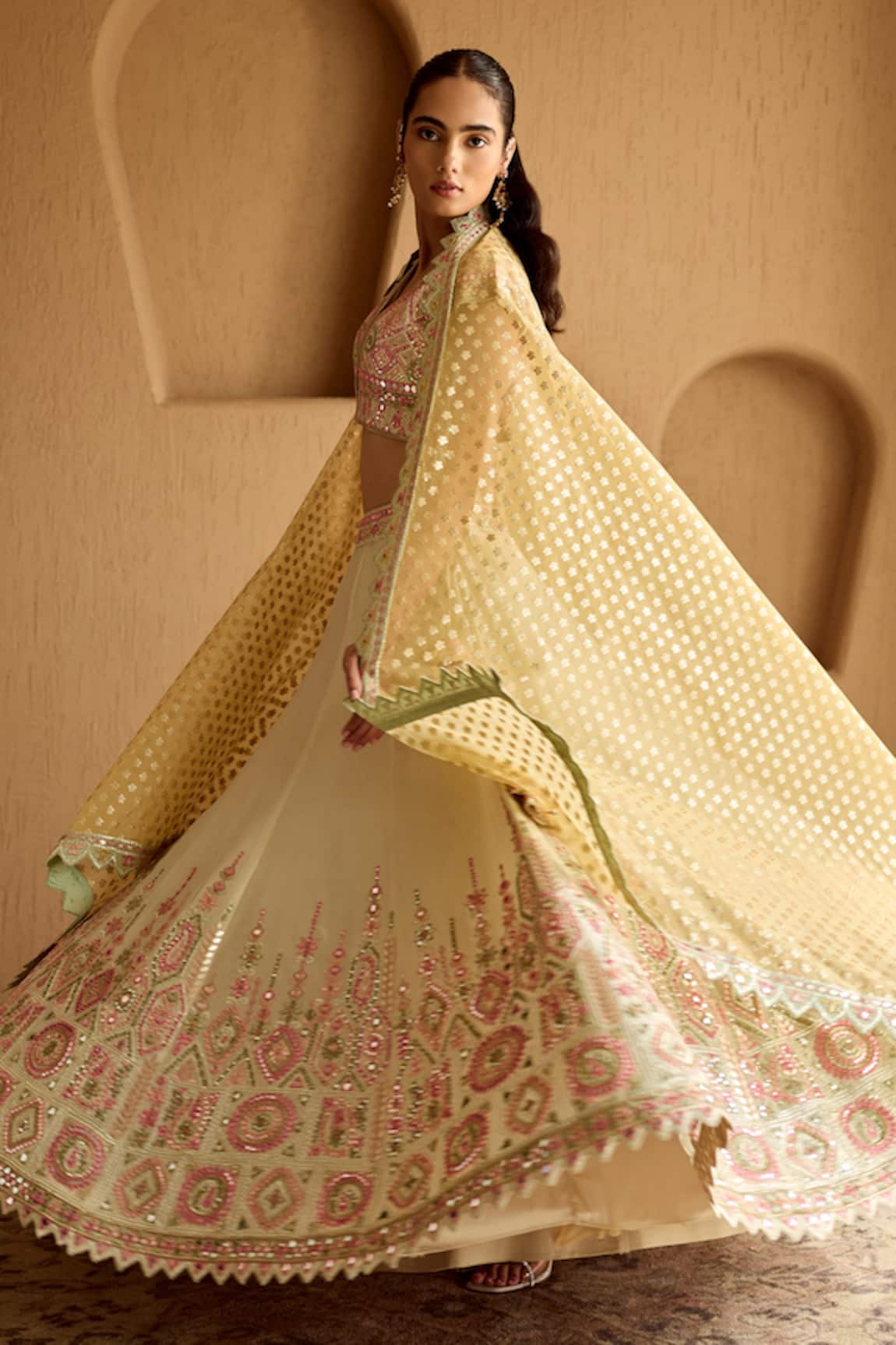 SUHINO Ivory Tissue Embroidered Lehenga Set