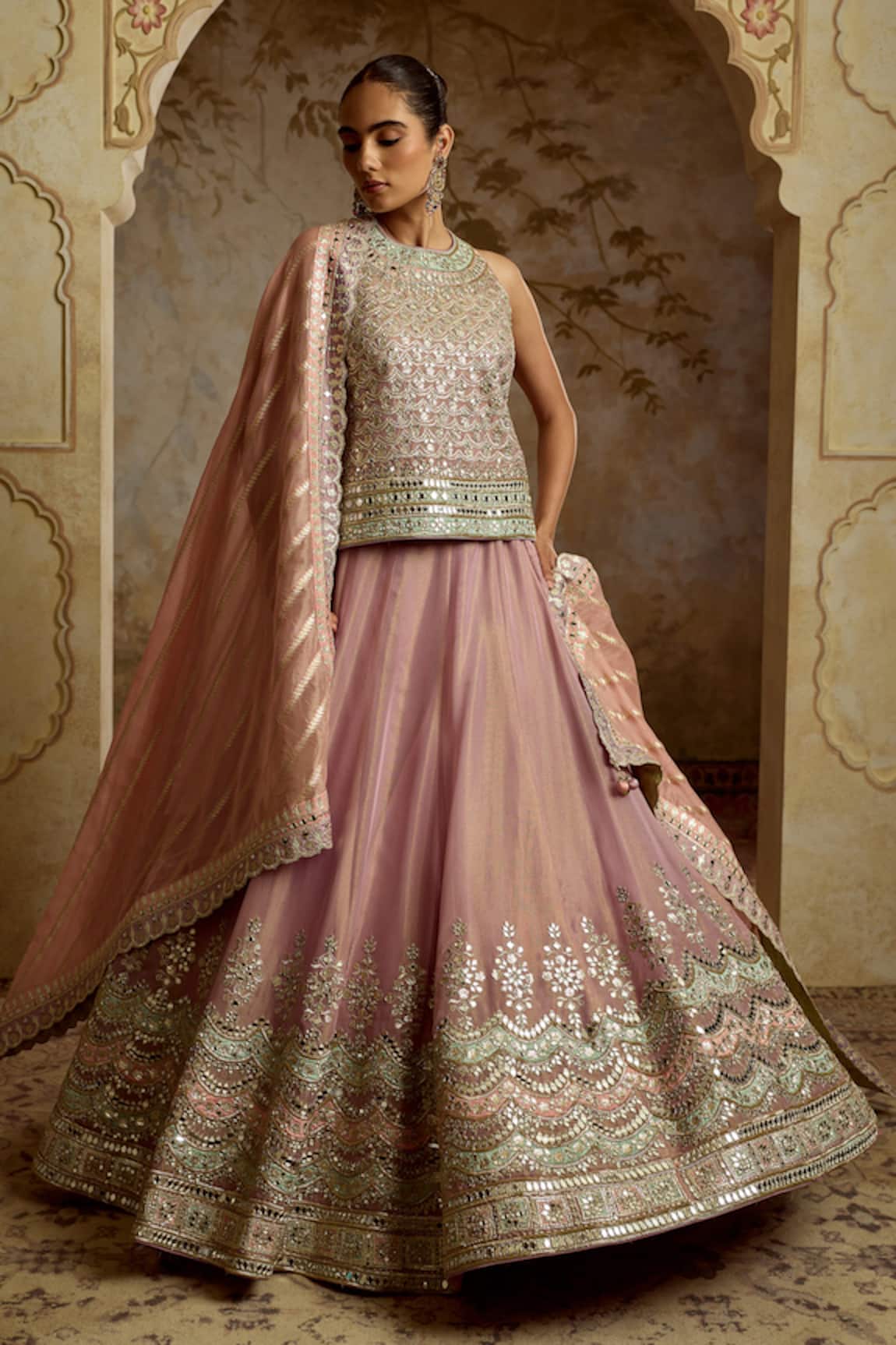 SUHINO Purple Patch Tissue Kurta Lehenga Set