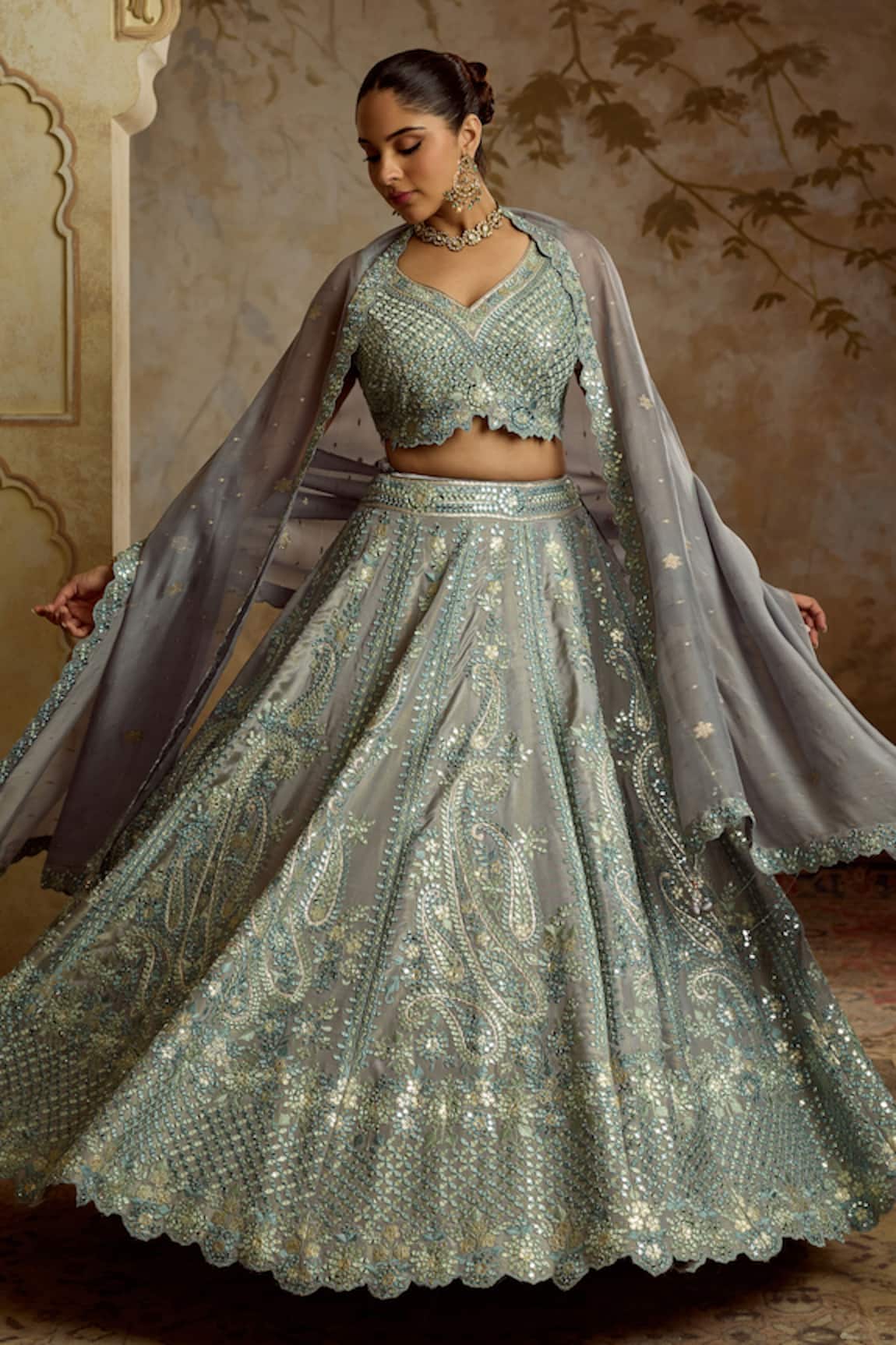 SUHINO Grey Tissue Embroidered Lehenga Set