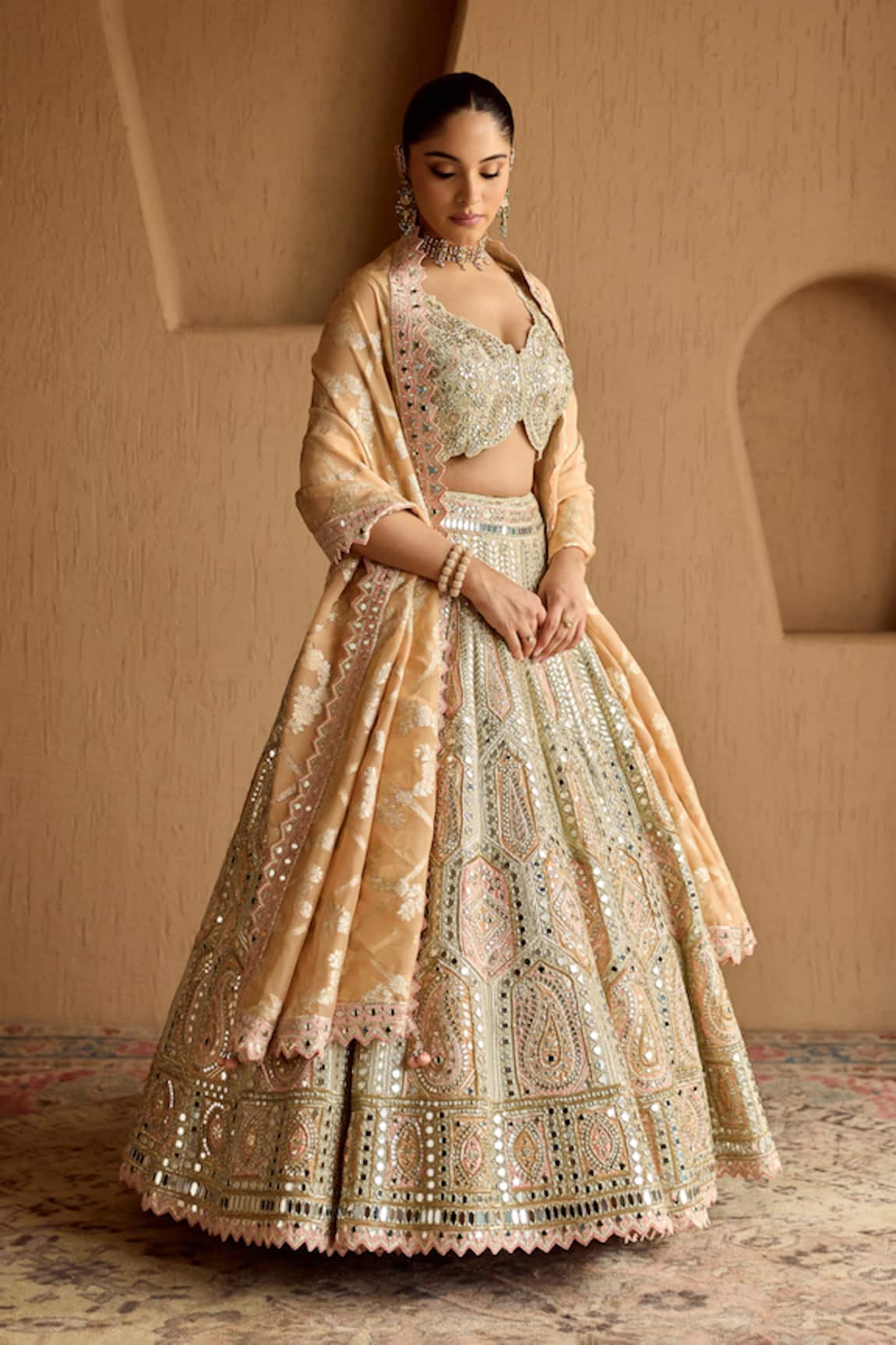 SUHINO Ivory Tissue Patch Embroidered Lehenga Set