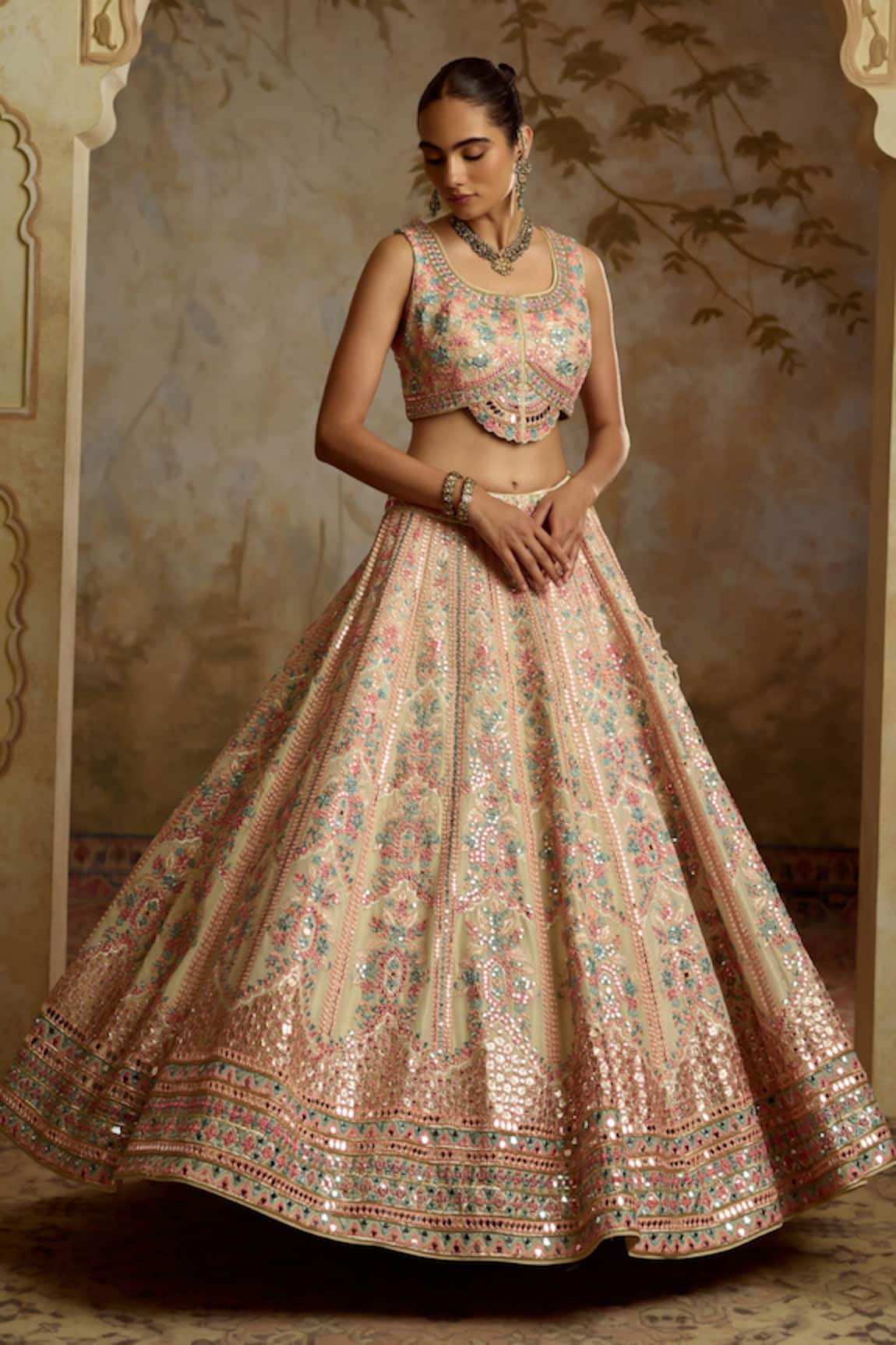 SUHINO Ivory Tissue Embroidered Lehenga Set