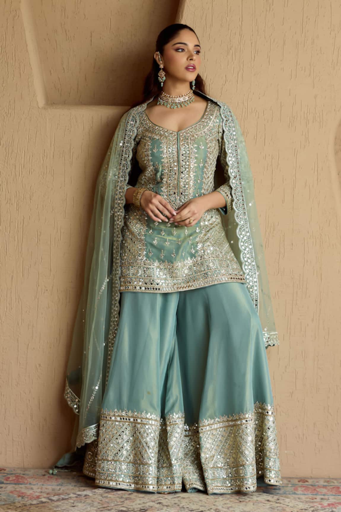 SUHINO Teal Embroidered Kurta Sharara Set