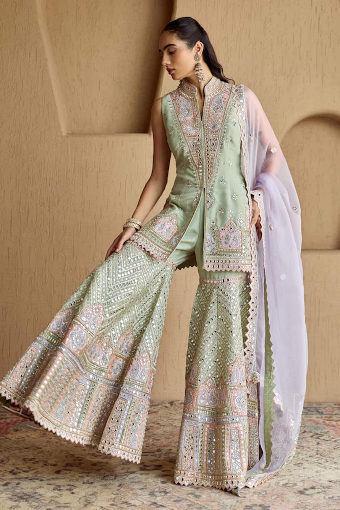 SUHINO Mint Green Tissue Kurta Gharara Set
