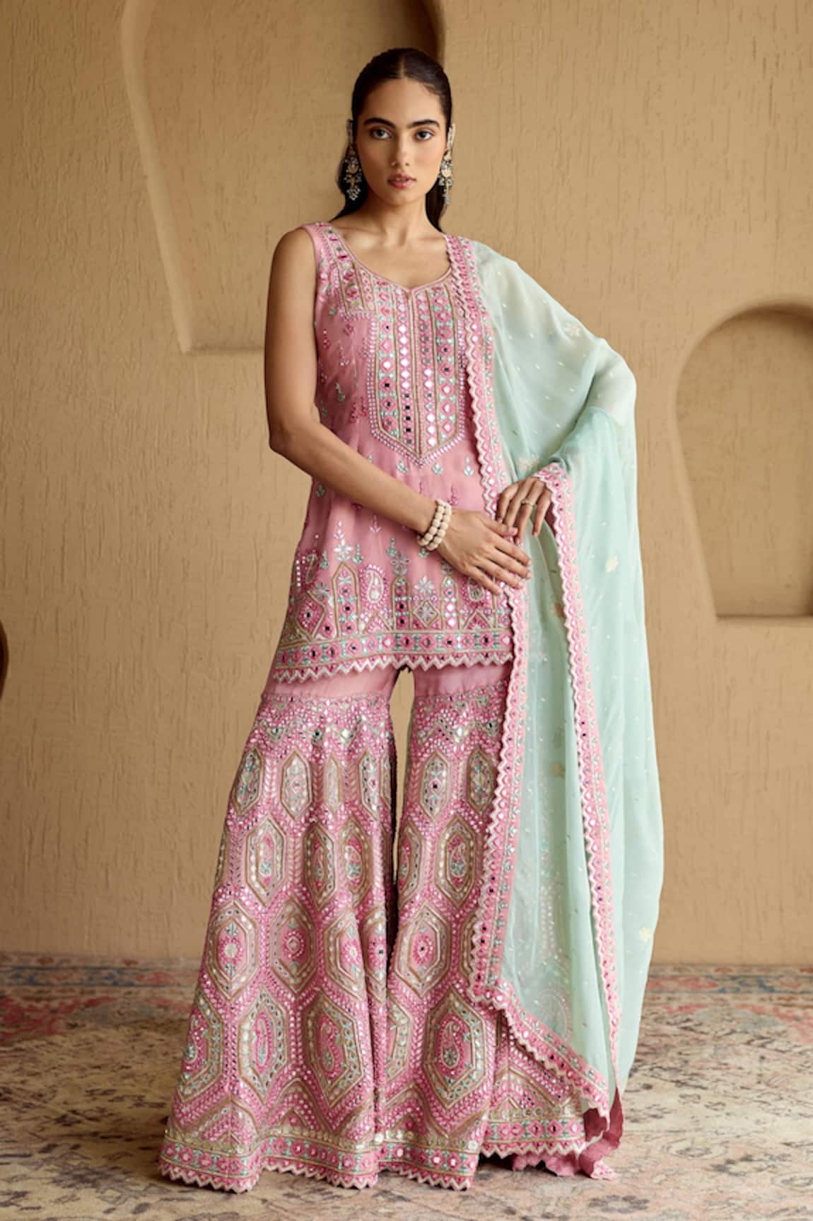 SUHINO Pink Tissue Embroidered Kurta Sharara Set