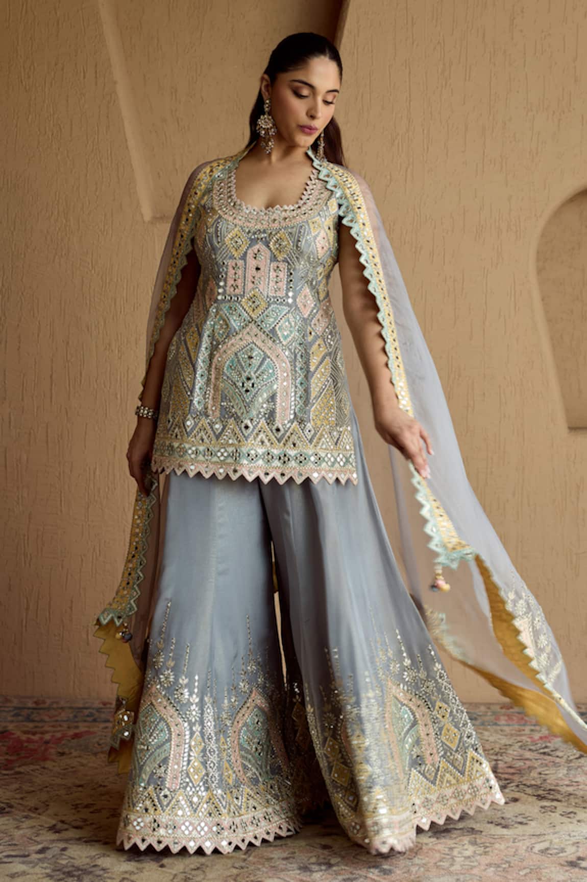 SUHINO Grey Tissue Patch Kurta Sharara Set