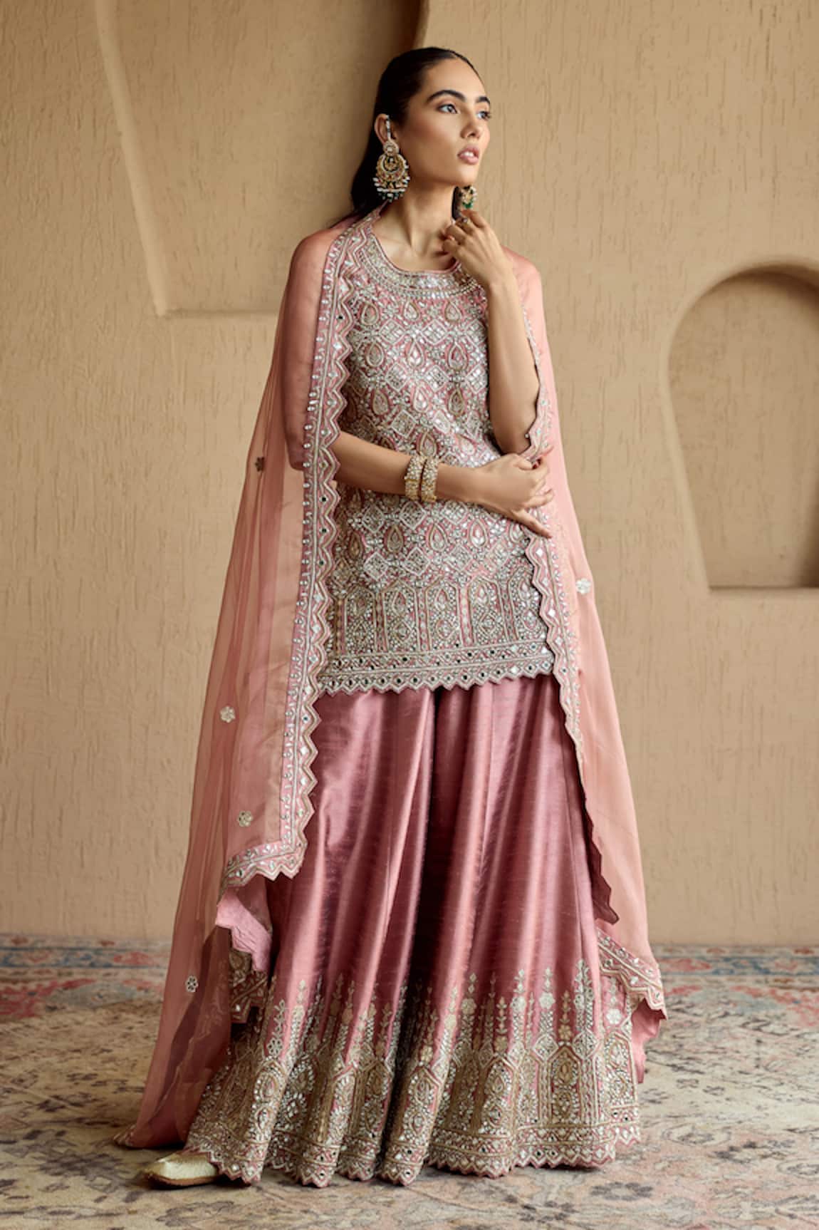 SUHINO Pink Silk Kurta Sharara Set