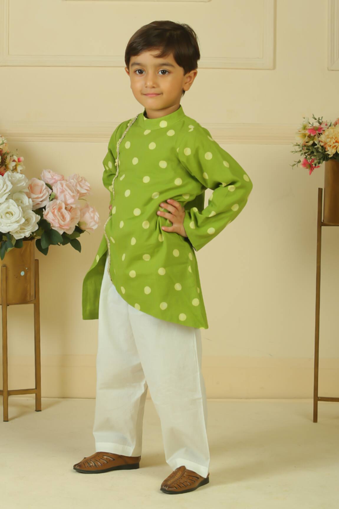 Pankhuri By Priyanka Polka Dot Handblock Print Kurta Set 