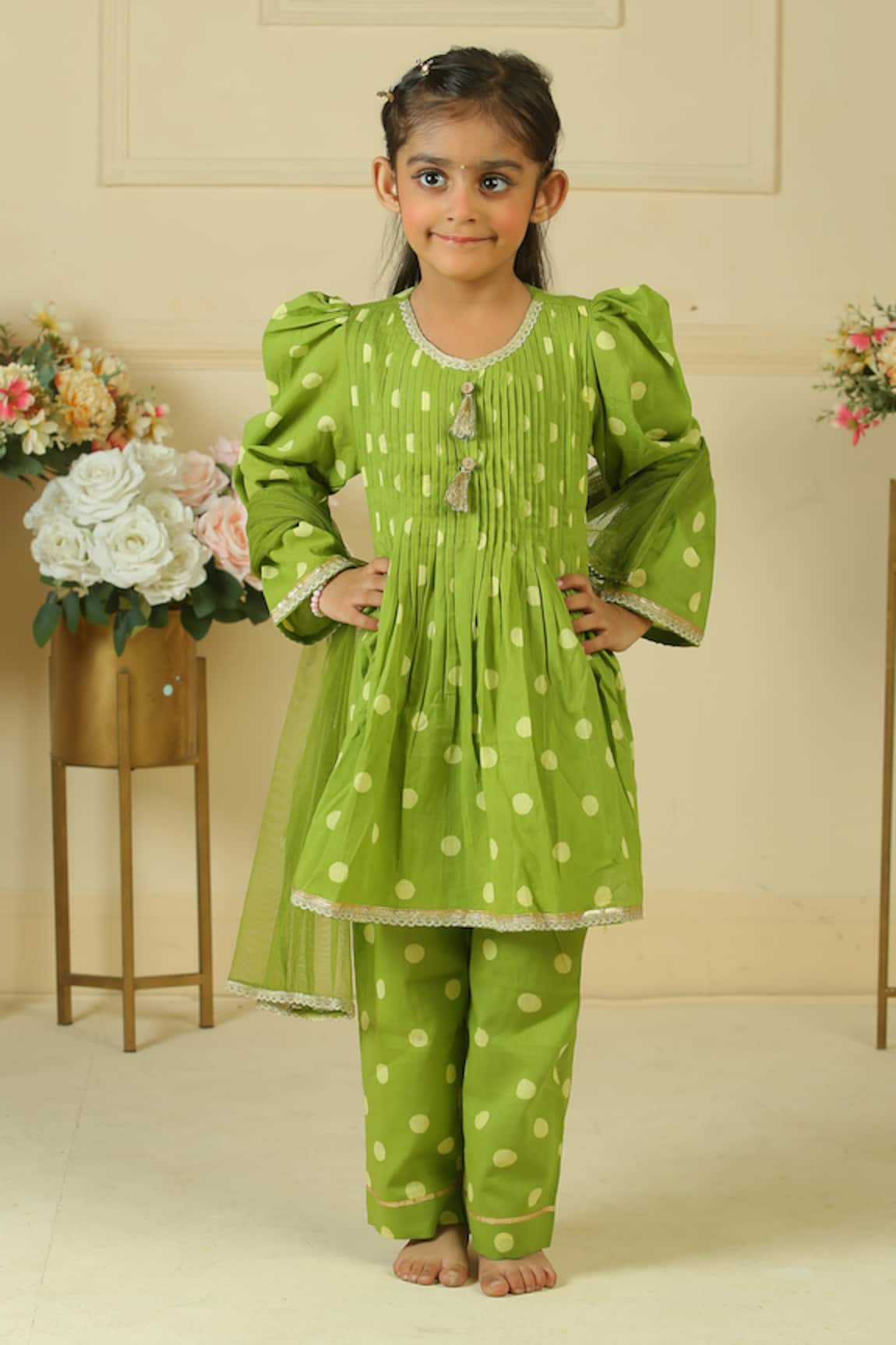 Pankhuri By Priyanka Polka Dot Handblock Print Pleated Kurta Set