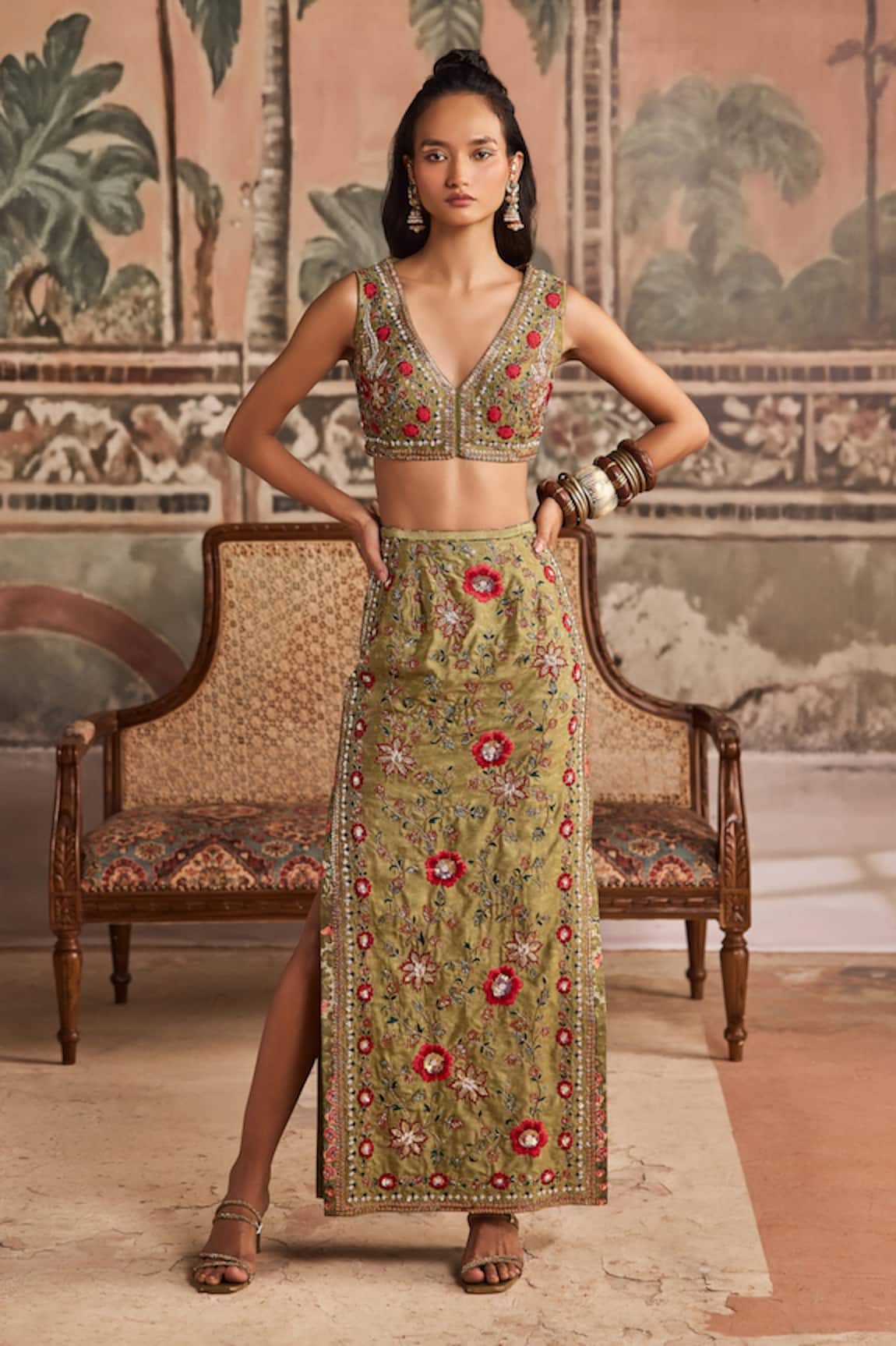 Show Shaa Hand Embroidered Floral Top & Pencil Skirt Set