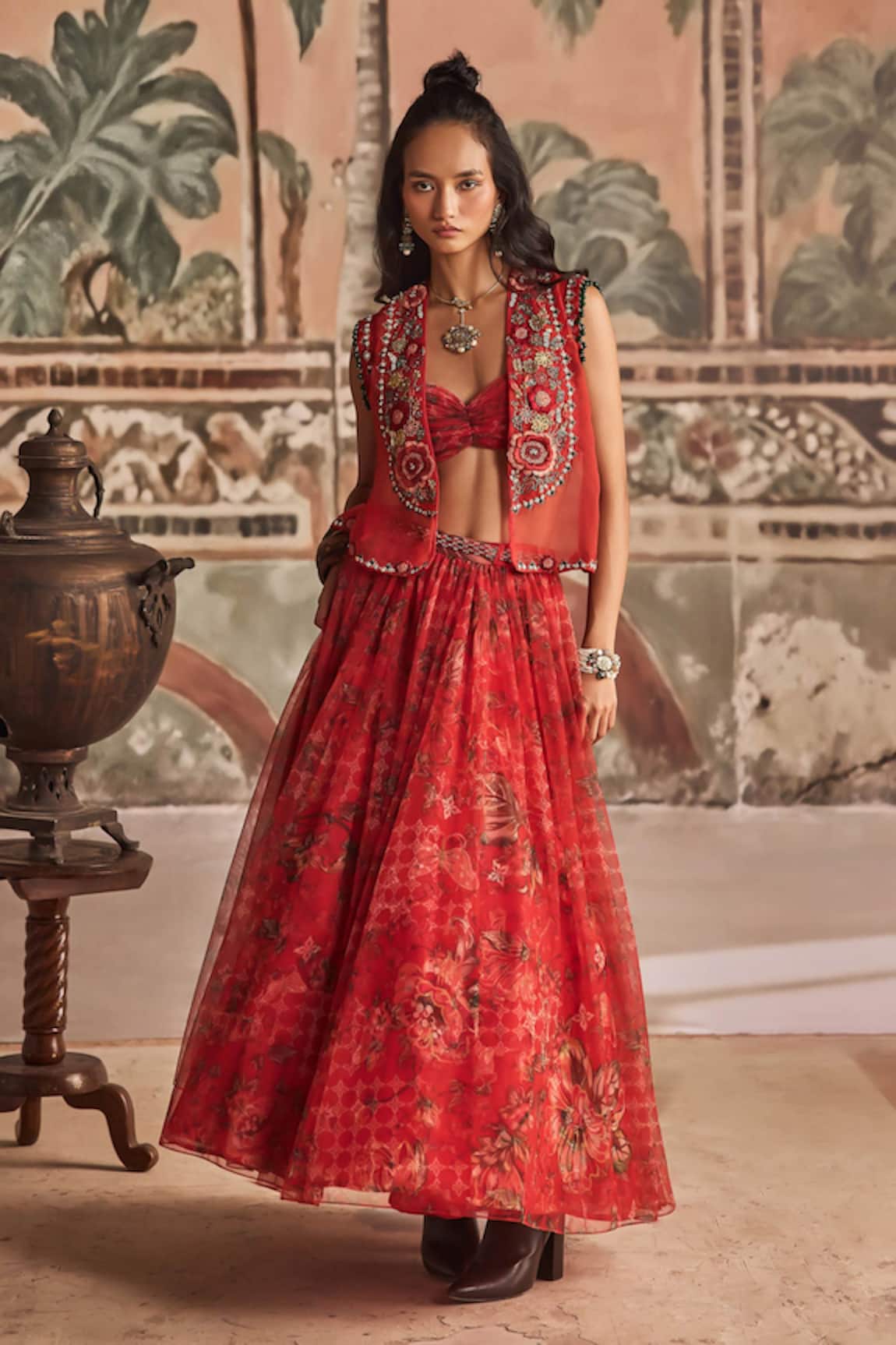Show Shaa Embroidered Jacket, Bustier & Floral Skirt Set