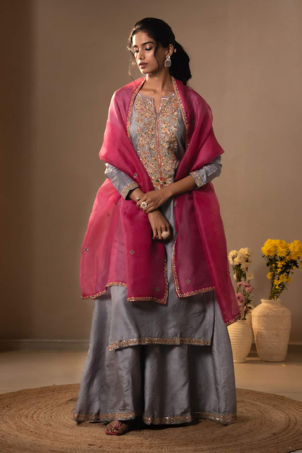 Aavya Embroidered Kurta Flared Palazzo Set