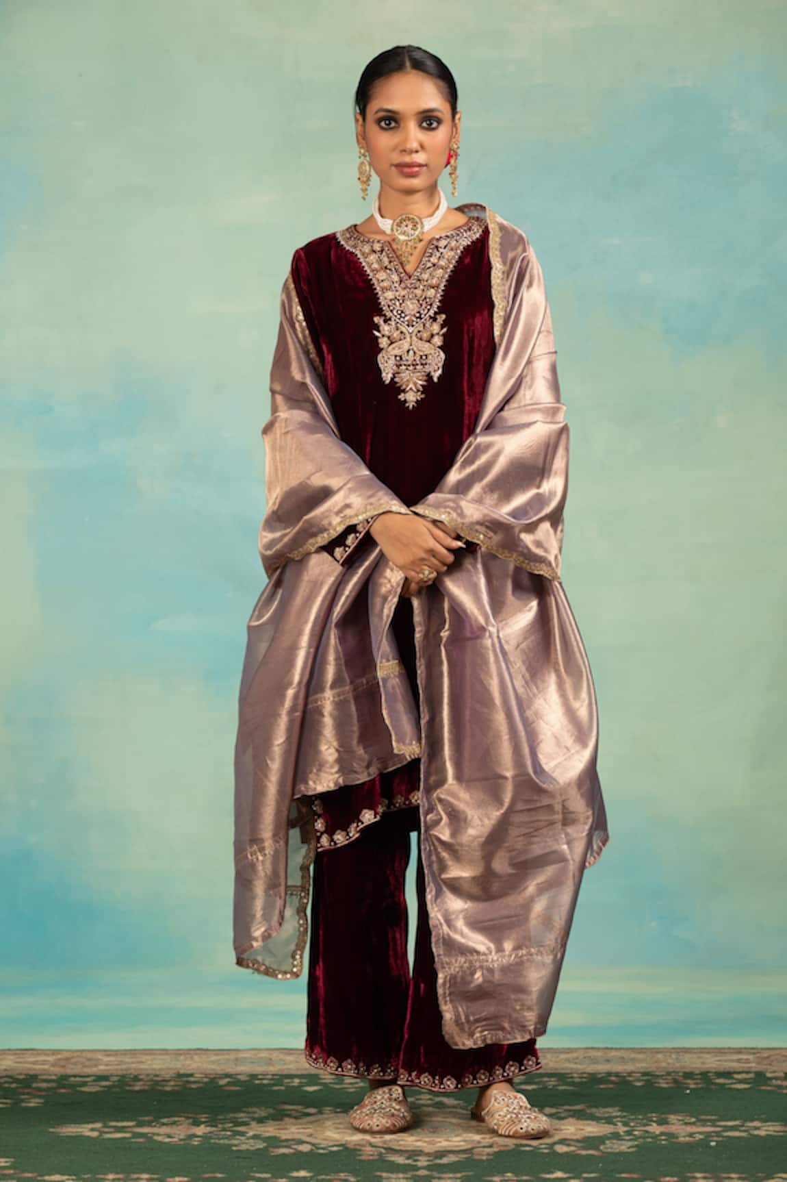 Swati Wadhwani Couture Velvet Dabka Embroidered Kurta Set With Dupatta