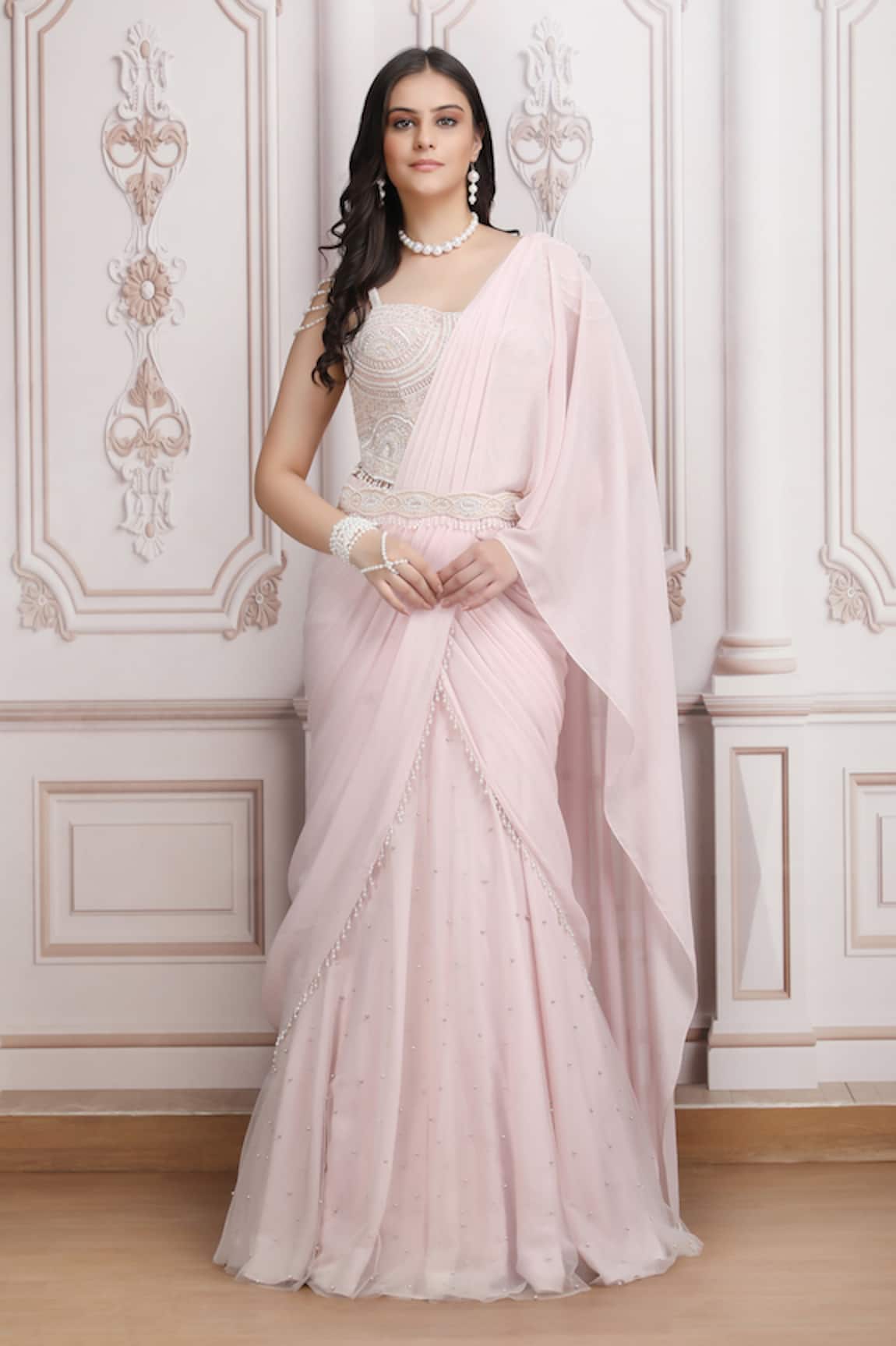 Mandira Wirk Resort Embellished Pre-Draped Saree With Blouse 
