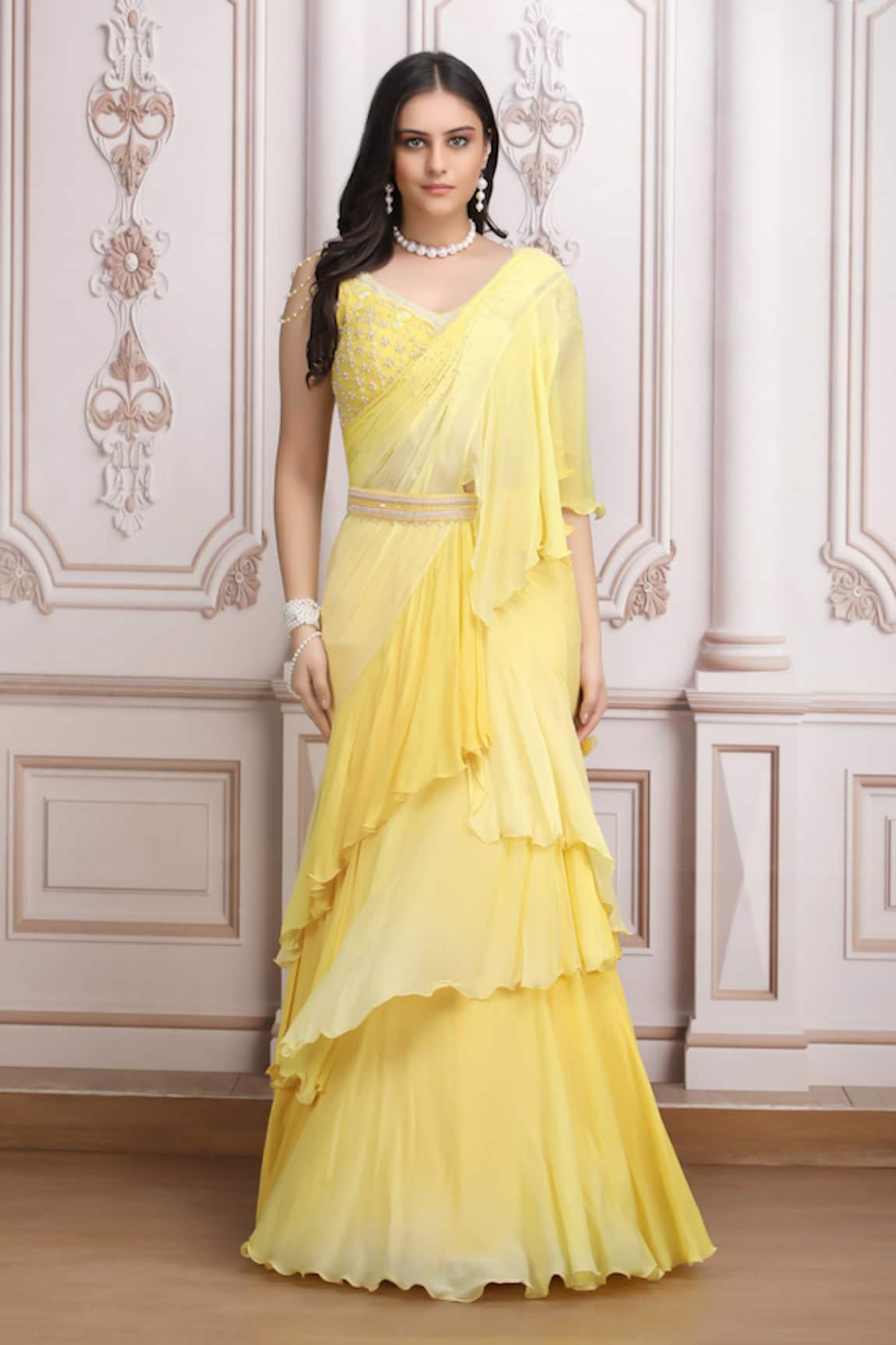 Mandira Wirk Resort Ruffle Pre-Draped Lehenga Saree Set 
