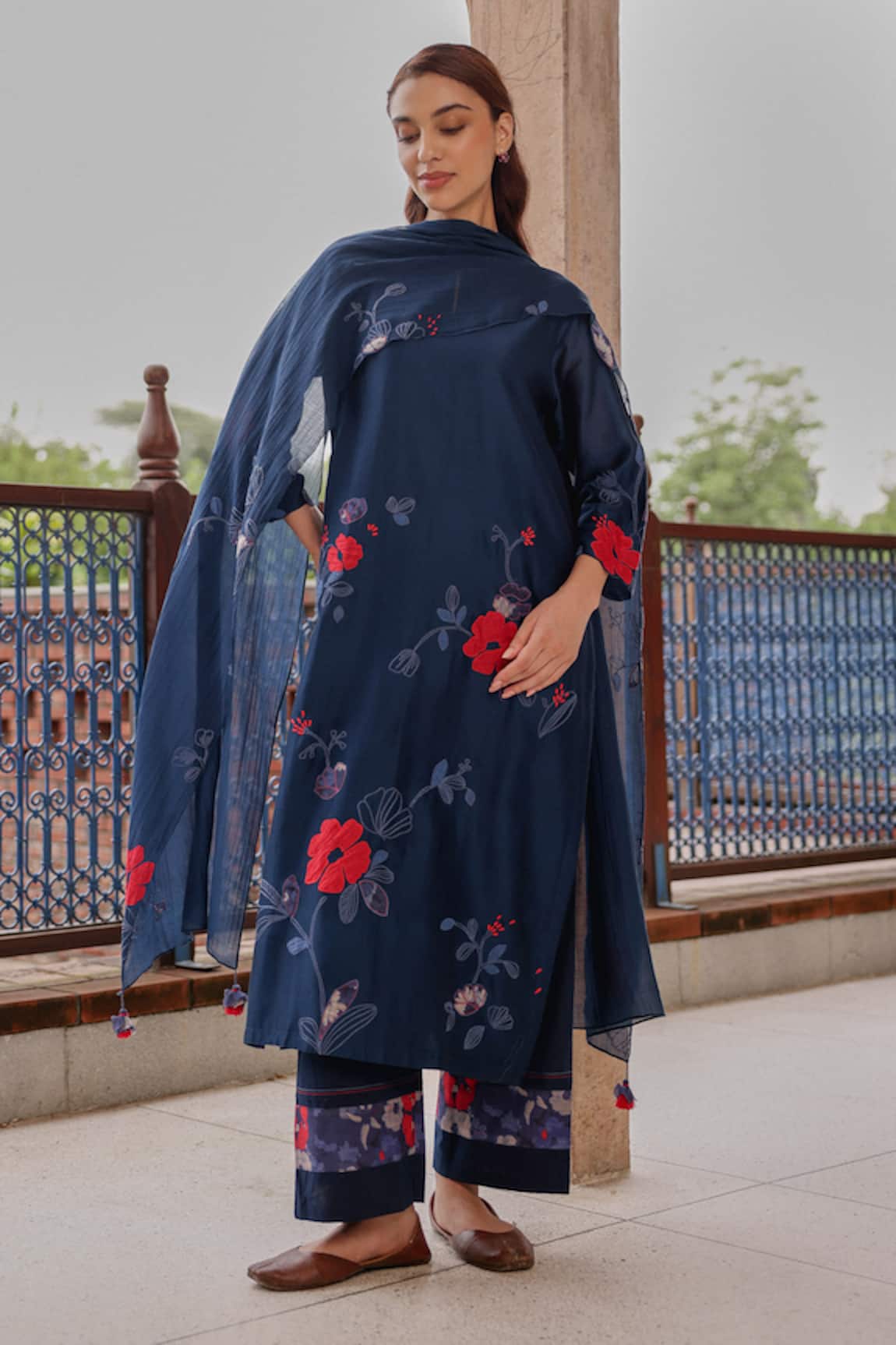 Vaayu Indigo Bloom Applique Kurta Set