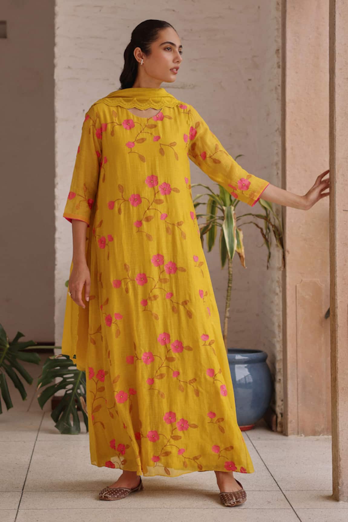 Vaayu Canary Bloom Embroidered Anarkali With Dupatta