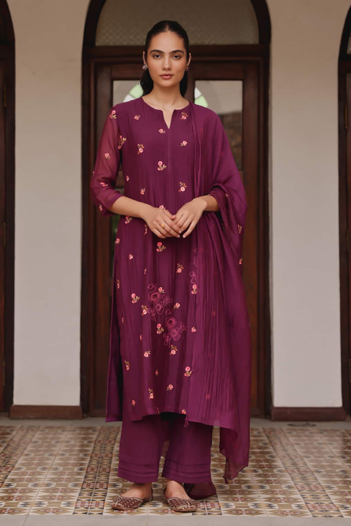 Vaayu Amethyst Bloom Embroidered Kurta Set