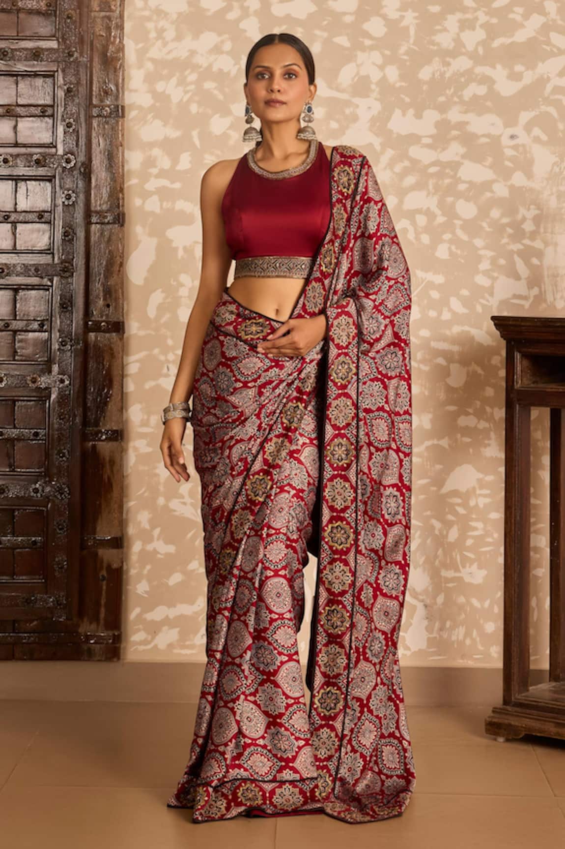 Akashi Clothing Ajrakh Print Saree With Embroidered Blouse 