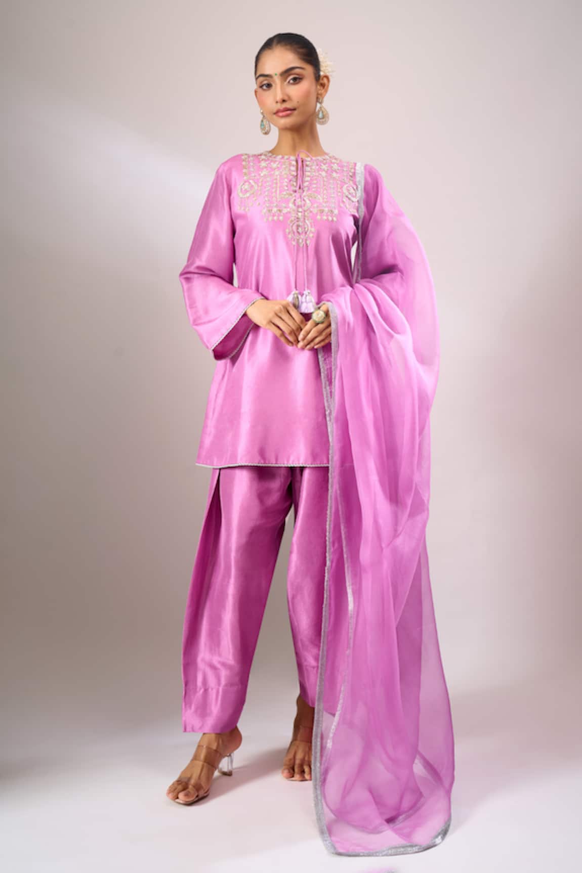 Archana Shah Purple Silk Zari Embroidered Kurta Set