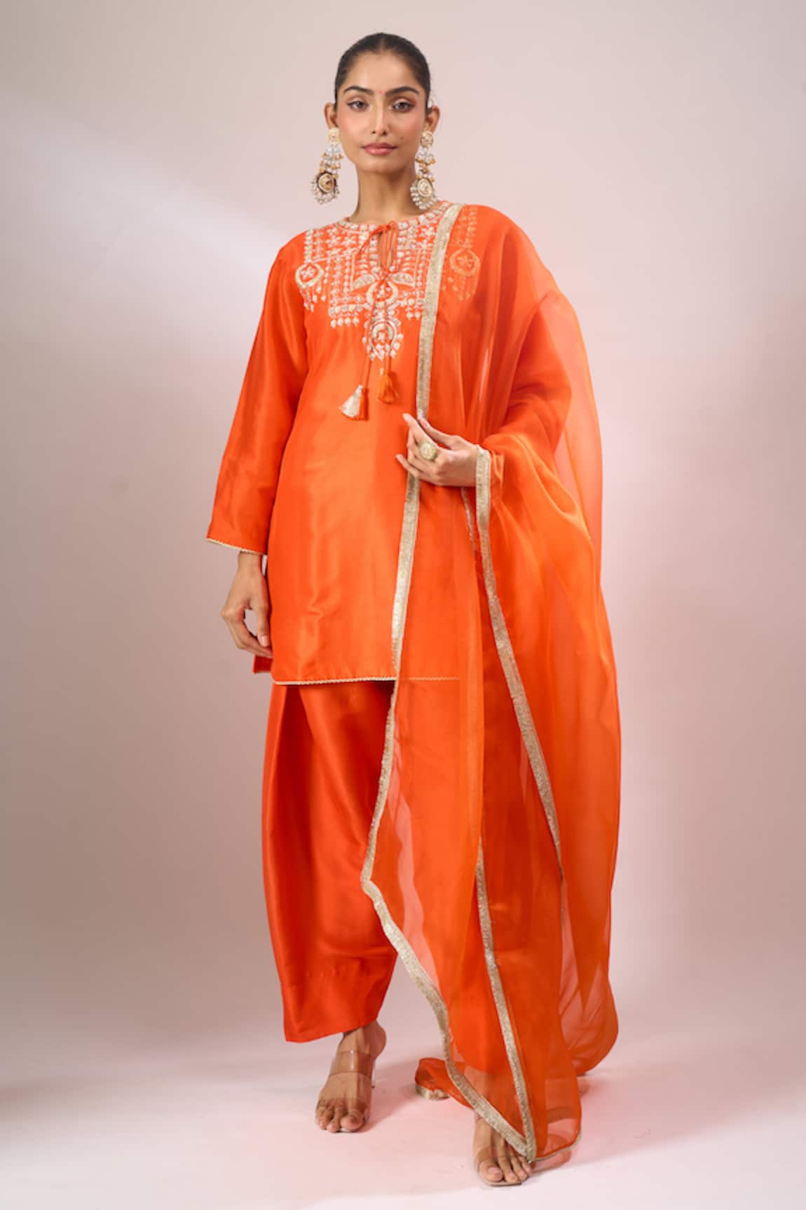 Archana Shah Orange Silk Zari Embroidered Kurta Set